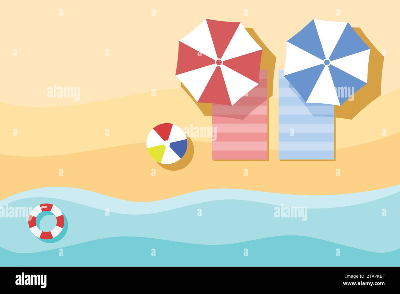 Vue de dessus de la plage, fond d'été. avec parasol, serviette, ballon de plage, tube de natation. vue d'en haut. Illustration de Vecteur