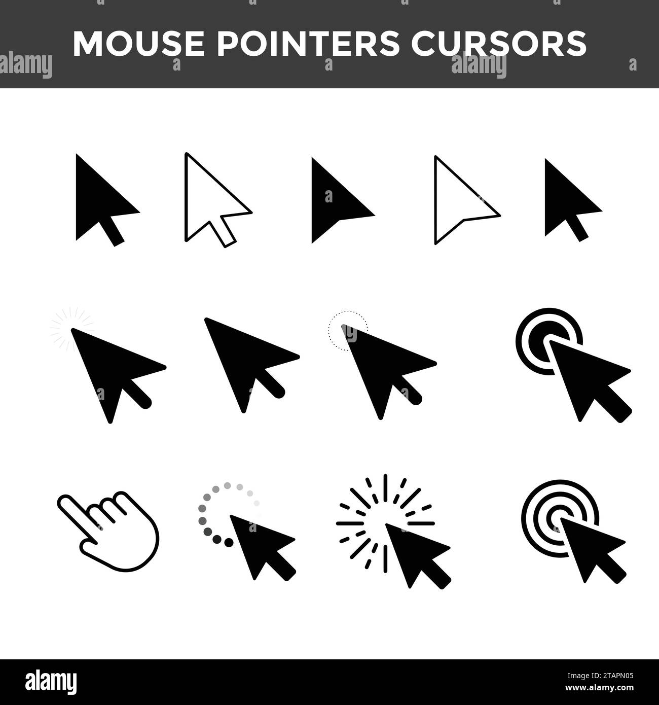 Cliquez sur curseurs de la souris, ensemble vectoriel de pointeurs de doigt d'ordinateur. Pointeur de la souris, flèche du curseur, illustration de la main Illustration de Vecteur