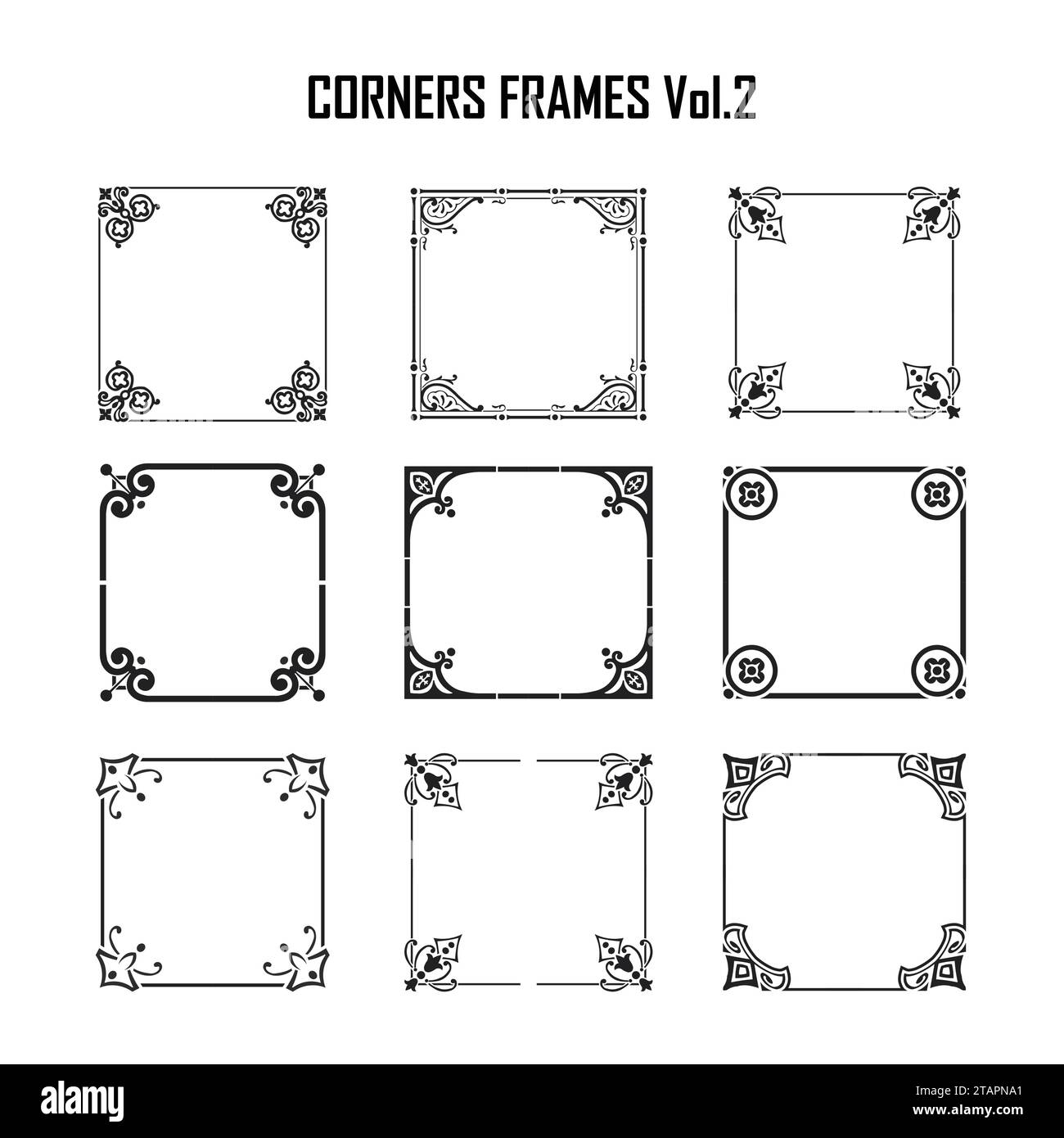 Décoration d'art, coins floraux et bordures décoratives. Cadres d'angle de vecteur et décoration vintage. Bordures fleuries avec motif floral et ornement Illustration de Vecteur