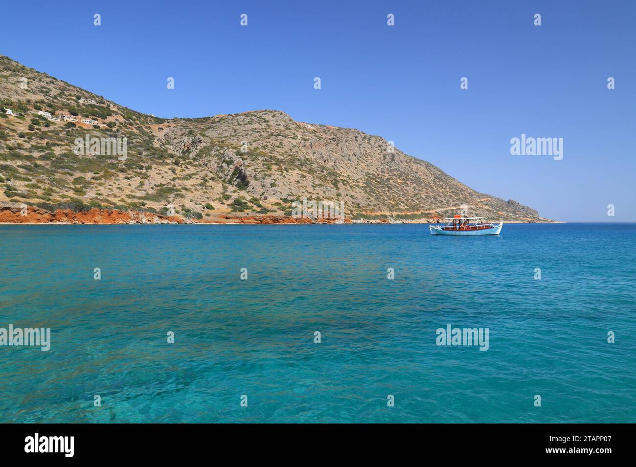 Vue de Plake donnant sur le golfe d'Elounda, Crète, Grèce, Europe. Banque D'Images