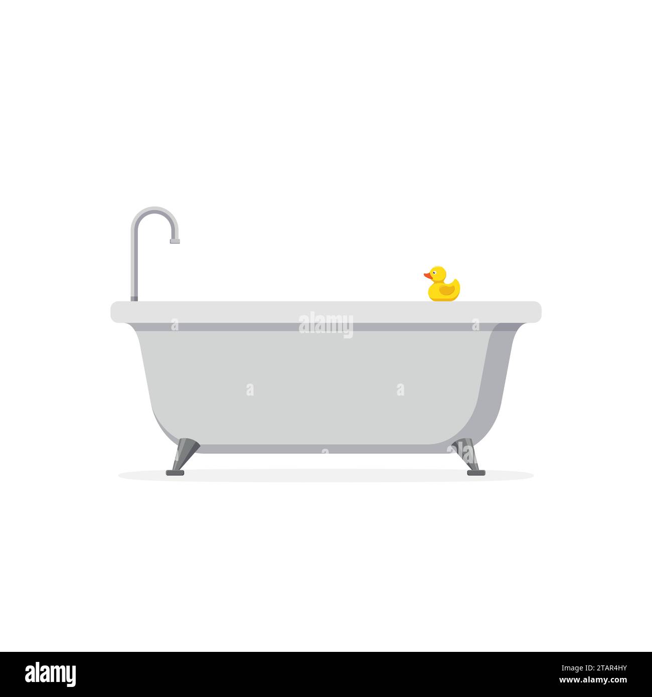 Baignoire et bain canard en caoutchouc jaune isolé sur fond blanc. Heure du bain dans l'illustration vectorielle de style plat Illustration de Vecteur