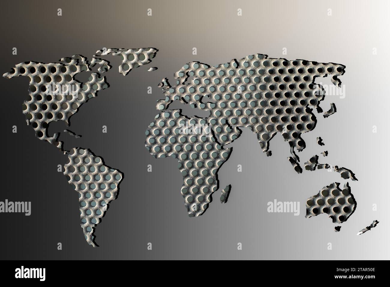 Carte du monde décrit environ avec remplissage en métal sur fond gris Banque D'Images