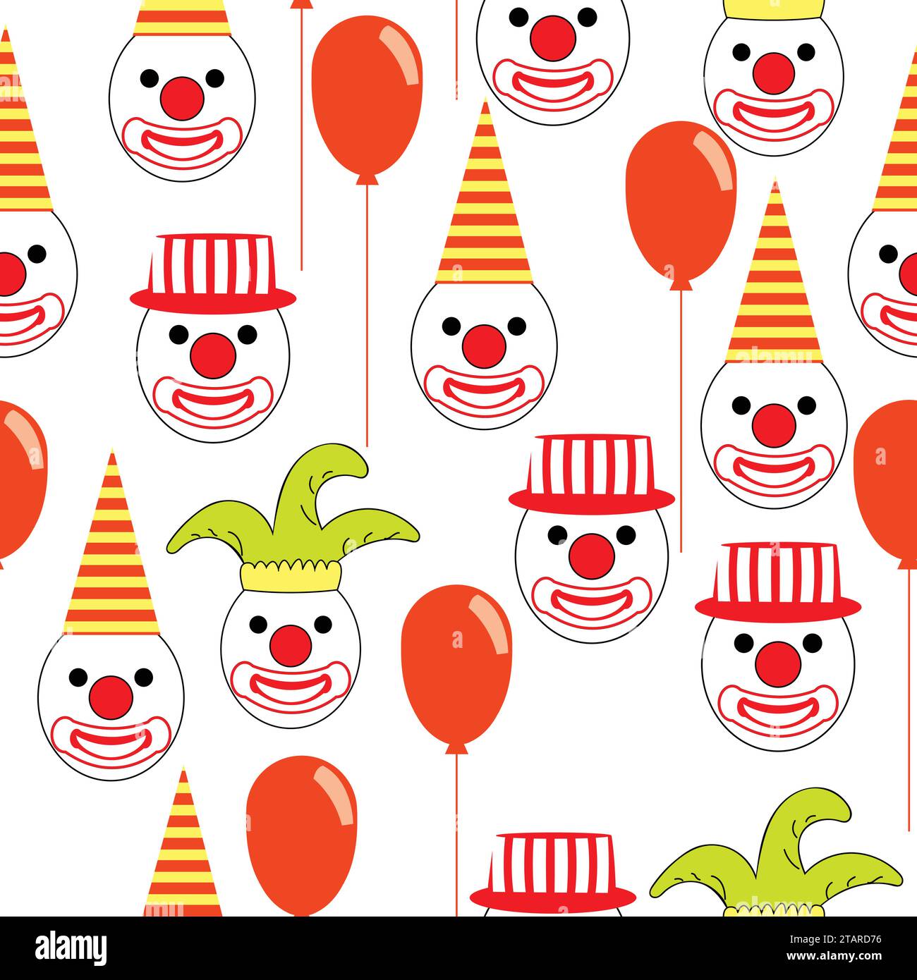 Modèle sans couture avec des visages de clown ronds avec des chapeaux et des baloons ; visages de clown drôles avec des chapeaux de carnaval et des baloons Illustration de Vecteur