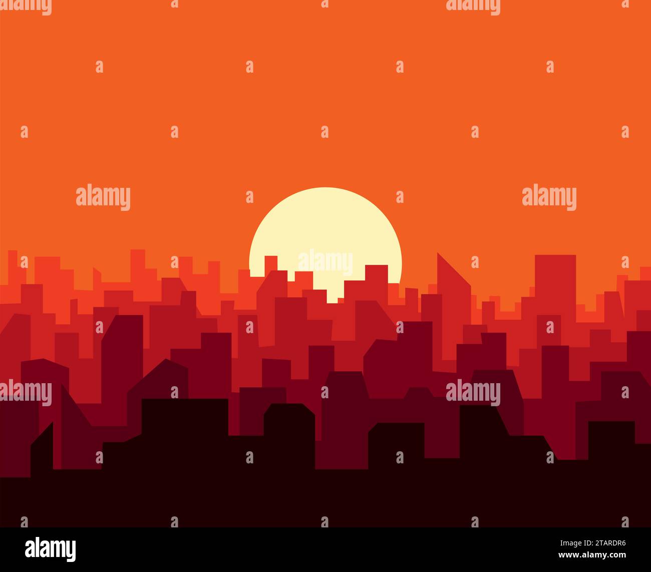Ville coucher de soleil Skyline paysage urbain. Silhouette de paysage urbain dans un style plat. Illustration de Vecteur