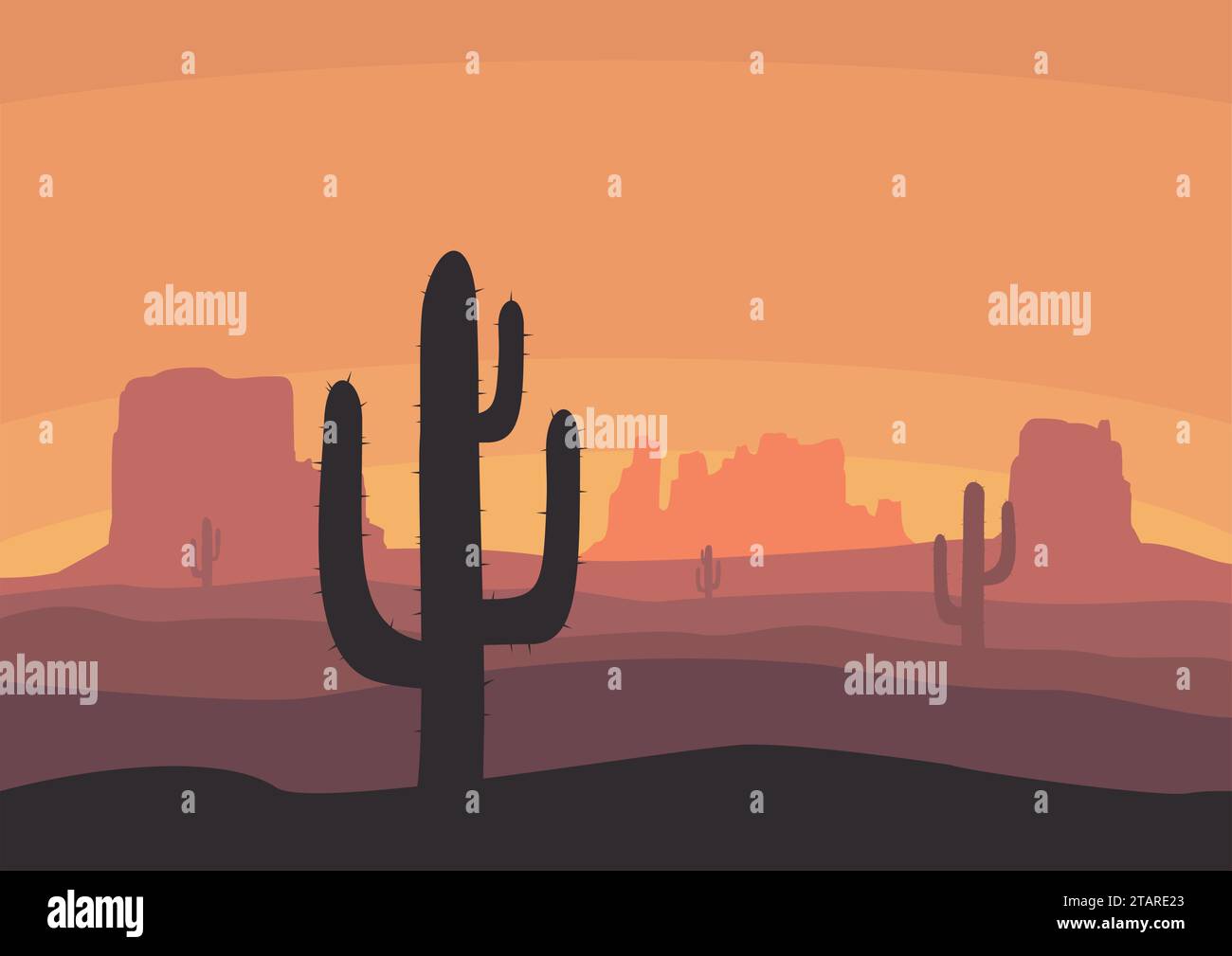 Paysage désertique avec des silhouettes de cactus, collines et montagnes. Coucher de soleil nature sur un fond de paysage de montagne. Tourisme extrême et voyages. Illustration de Vecteur