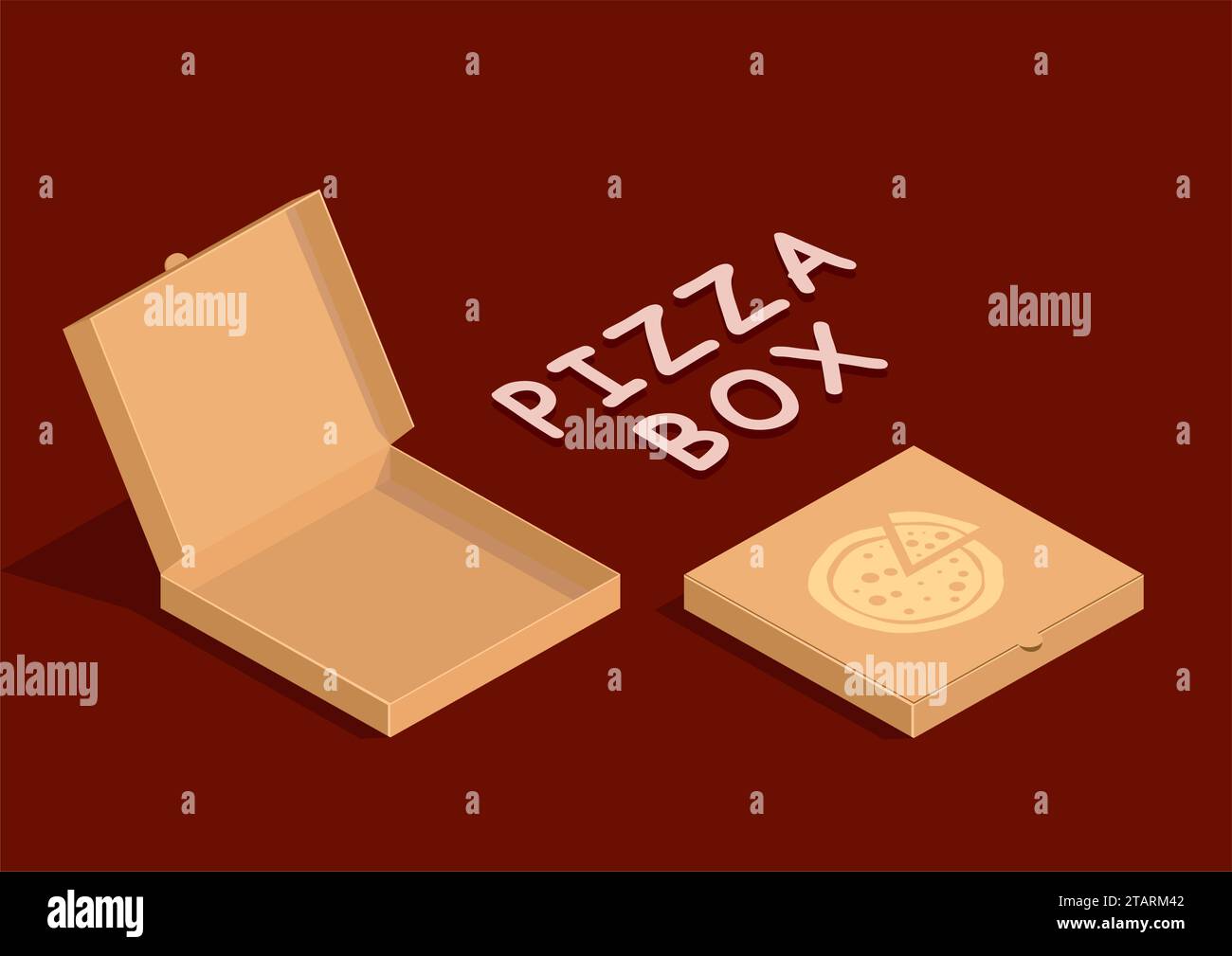 Boîte à pizza d'emballage de carton brun dans le style plat. Carton vide ouvrir et fermer les boîtes de pizza isolées sur fond sombre. Illustration de Vecteur