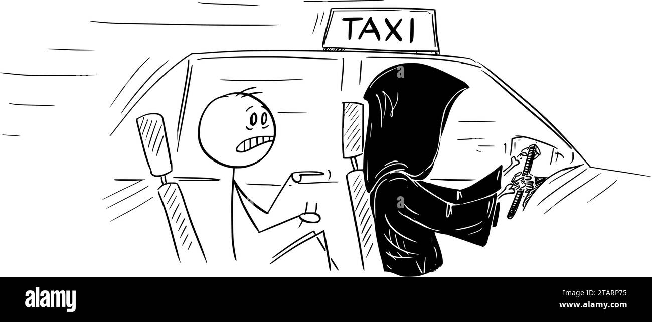 Grim Reaper ou Death Driving Cab ou taxi, Vector Cartoon Stick Figure Illustration Illustration de Vecteur