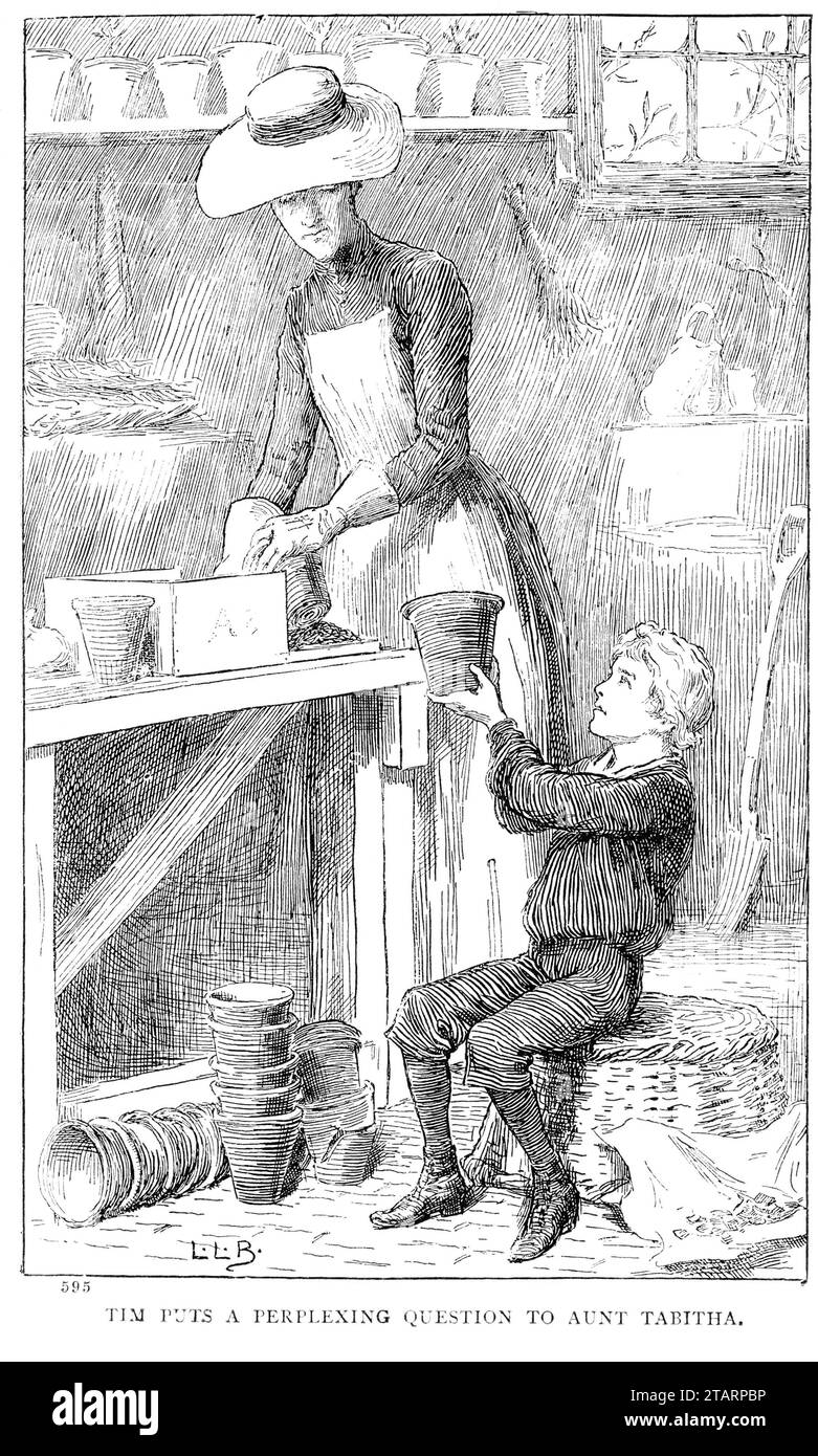 Gravure d'une femme de l'époque victorienne travaillant dans une serre avec un garçon rempotant des plantes, vers 1880 Banque D'Images