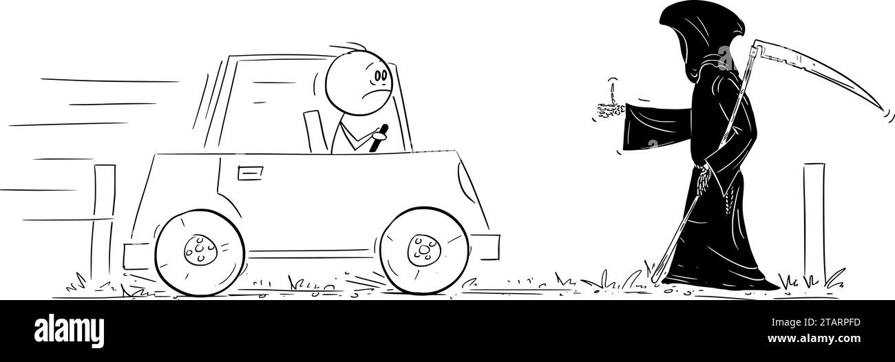 Voiture d'auto-stop de la mort ou de la faucheuse sinistre, Vector Cartoon Stick Illustration de figure Illustration de Vecteur