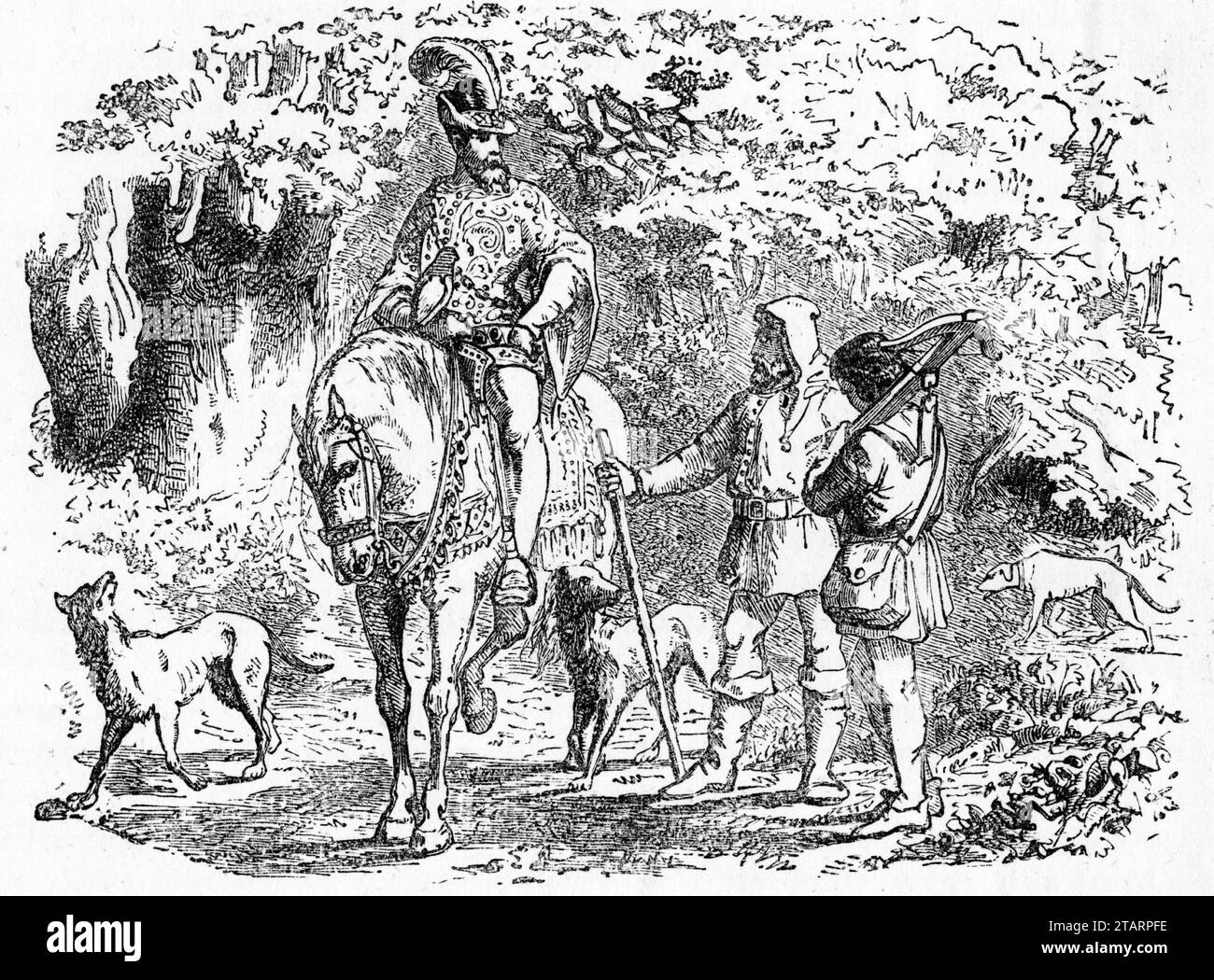 Gravure d'un chevalier monté avec un faucon parlant à deux paysans sur la route dans une forêt lors d'une chasse, publiée en 1880 Banque D'Images