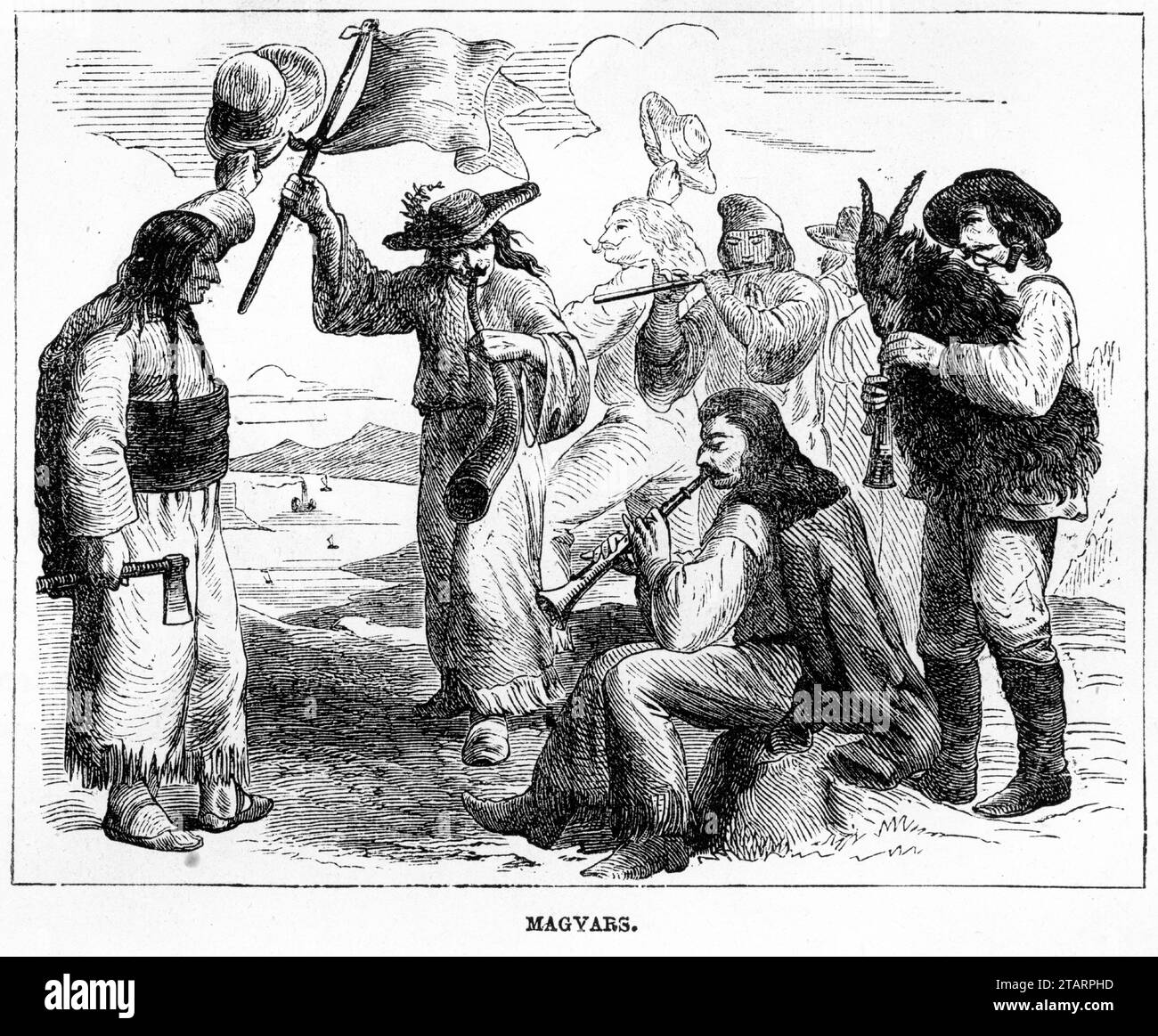 Portrait gravé de Magyars muiscaux en costumes traditionnels. Publié circa 1887. Notez l'homme à droite avec la cornemuse en peau de chèvre, avec la tête de la chèvre encore intacte. Soit ça, soit la chèvre joue des tuyaux... Banque D'Images