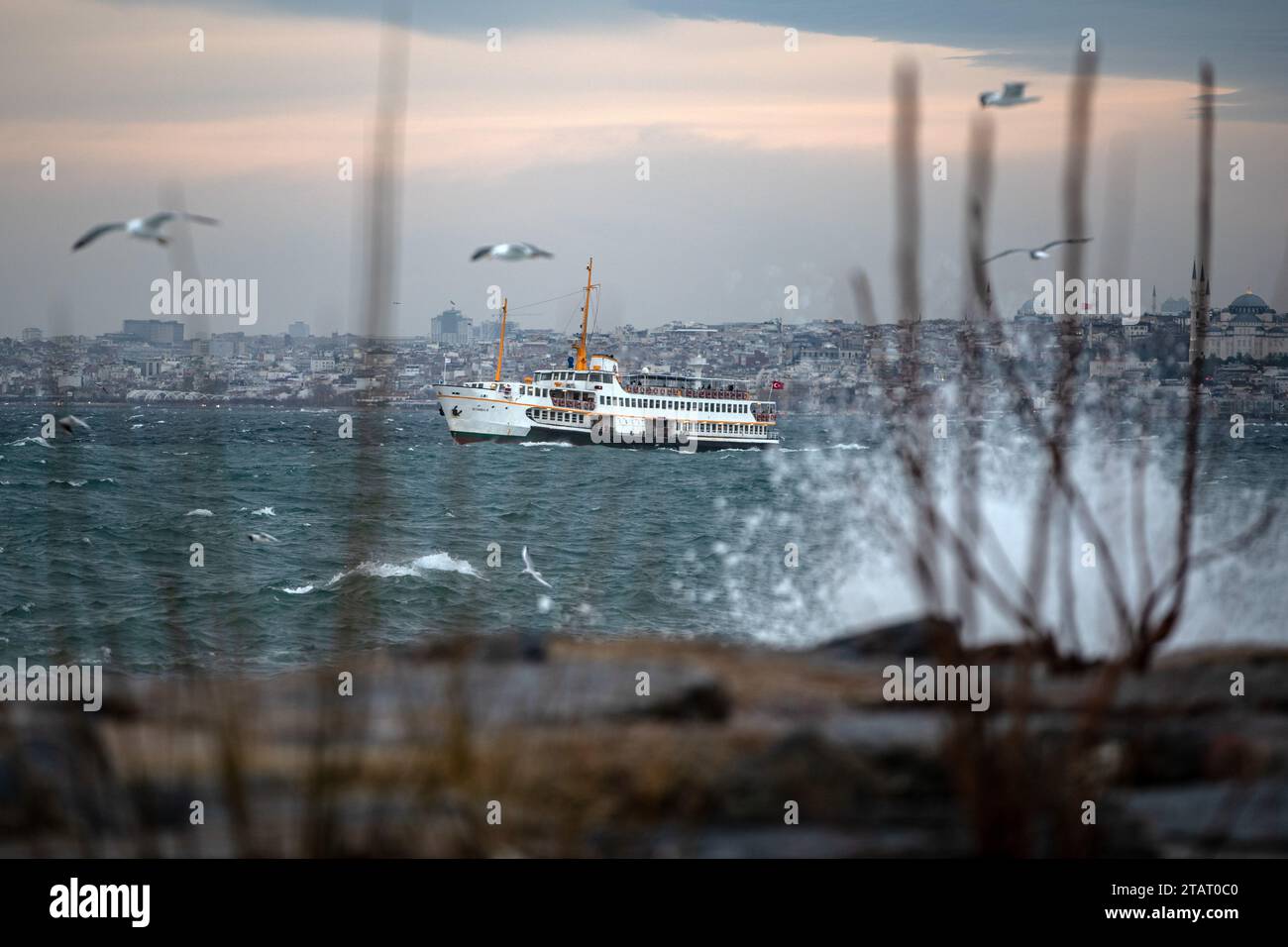 Mouettes vues voler au-dessus du ferry des lignes de la ville passant derrière les vagues frappant les rochers à la plage de Moda. En raison du vent du sud-ouest affectant Istanbul, de hautes vagues ont été observées sur la côte de Moda. Banque D'Images