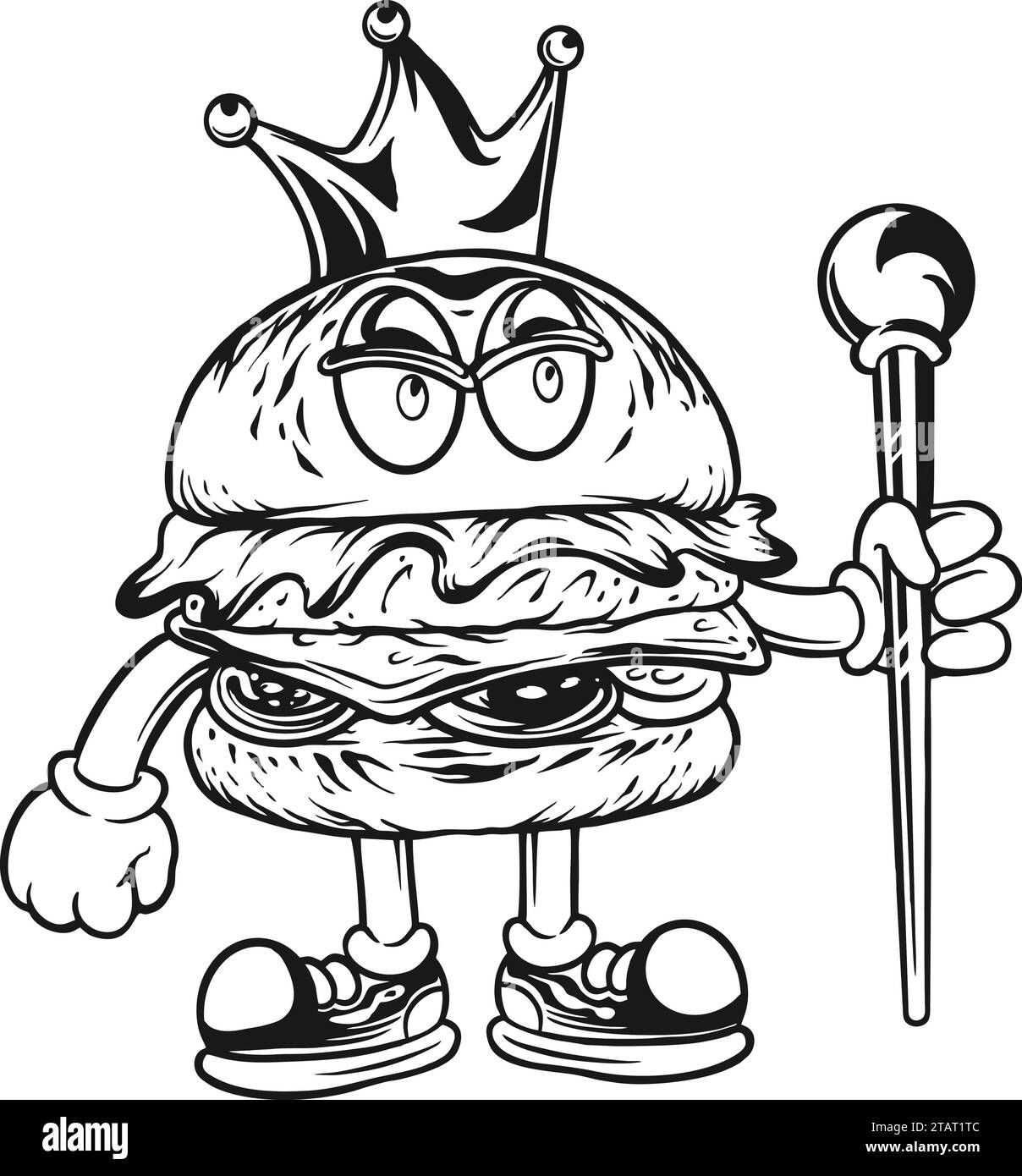 Délicieuses illustrations vectorielles monochromes de Burger funky couronne pour votre logo de travail, t-shirt de marchandises, autocollants et dessins d'étiquettes, affiche, voiture de bienvenue Illustration de Vecteur
