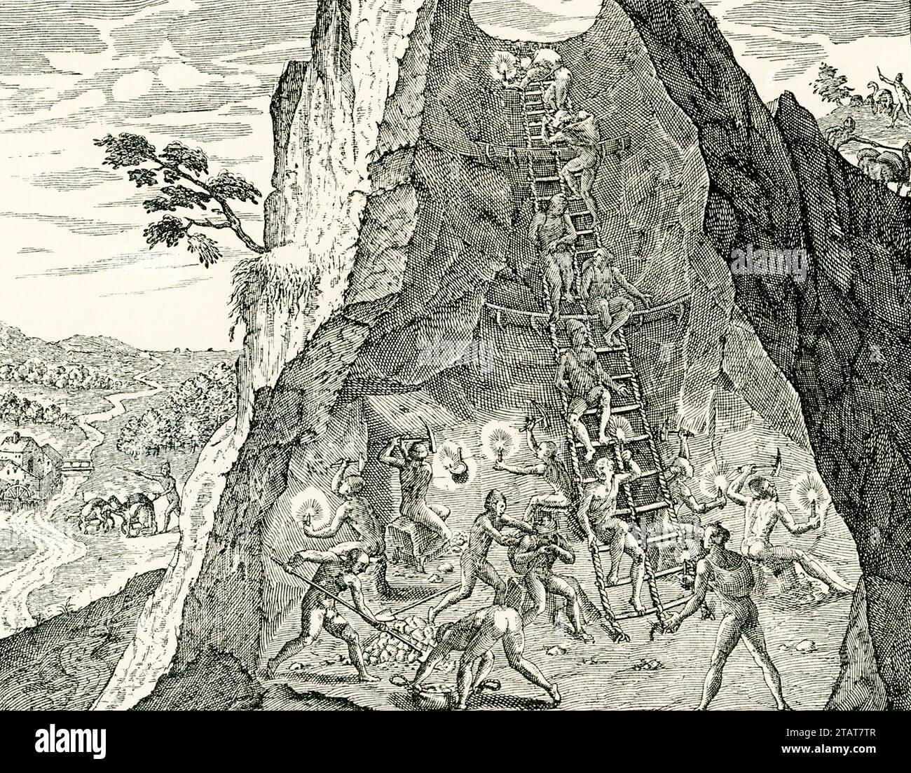 Cette illustration, tirée de 'Americae partess' (Parts/Areas of America) publiée à Francfort, en Allemagne, en 1590 montre des Amérindiens travaillant dans les mines d'or. Banque D'Images