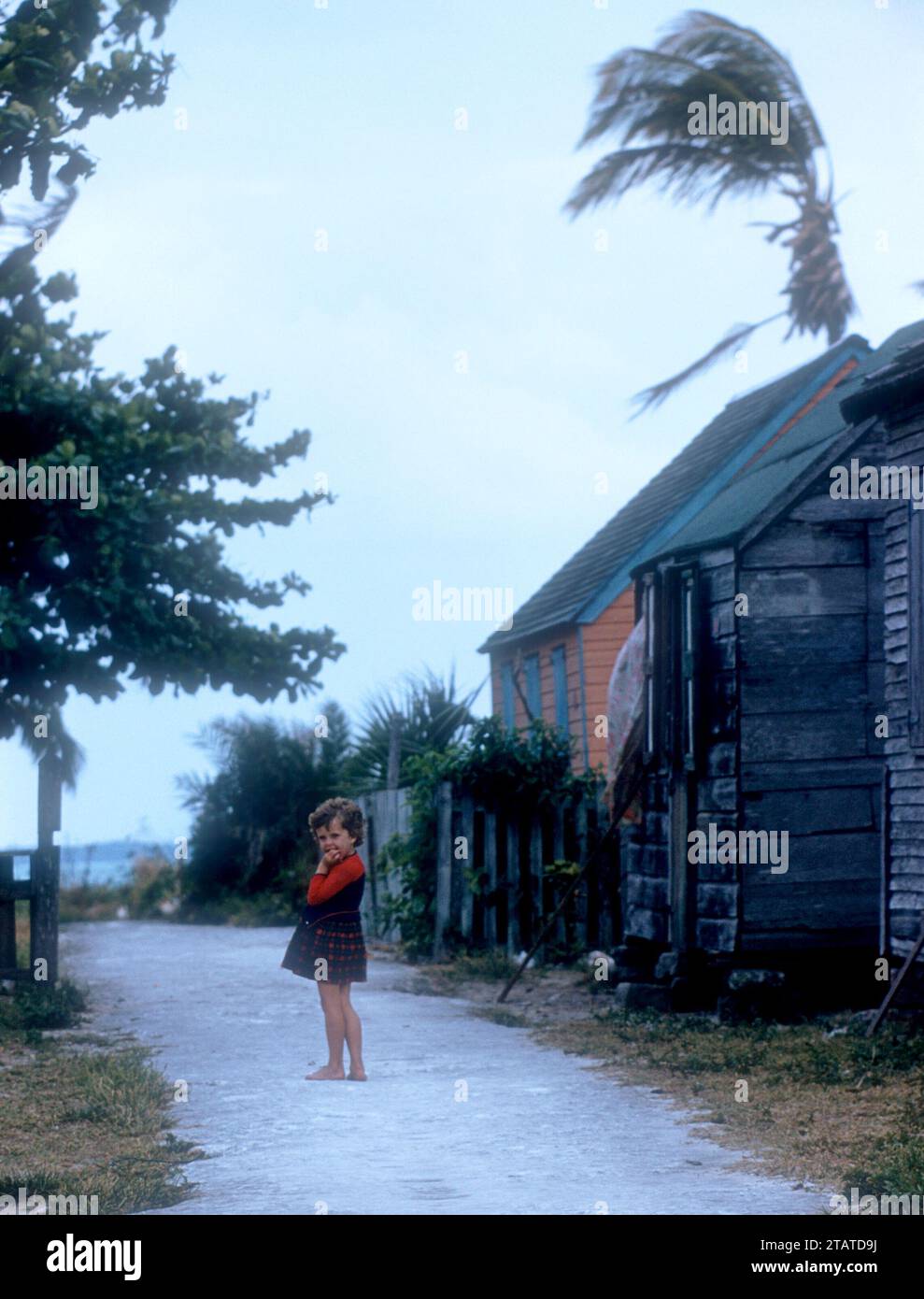 GREEN TURTLE CAY, ABACO, BAHAMAS - AVRIL 28 : vue générale d'une jeune fille debout sur un sentier venteux le 28 avril 1956 à Green Turtle Cay, Abaco, Bahamas. (Photo de Hy Peskin) Banque D'Images