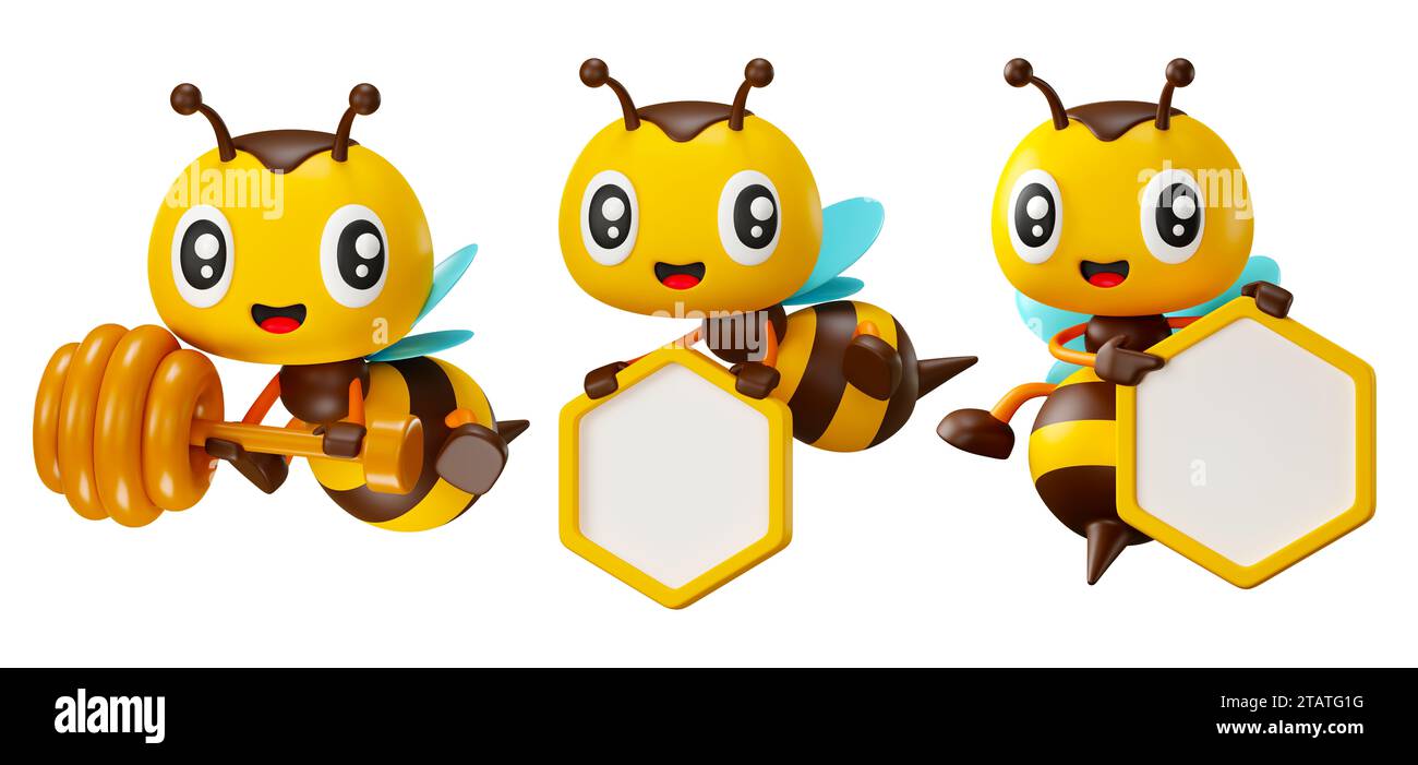 Jeu de personnages d'abeille mignonne de miel de dessin animé 3D avec différentes poses. Abeille mignonne tenant une enseigne en forme de nid d'abeille et une benne à miel. illustration de rendu 3d. Banque D'Images