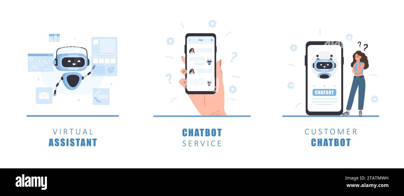 Concept Chatbot. Femme parlant avec robot. Assistant IA. Fille posant des questions et recevant des réponses. Assistance clientèle en ligne. Intelligence artificielle Illustration de Vecteur