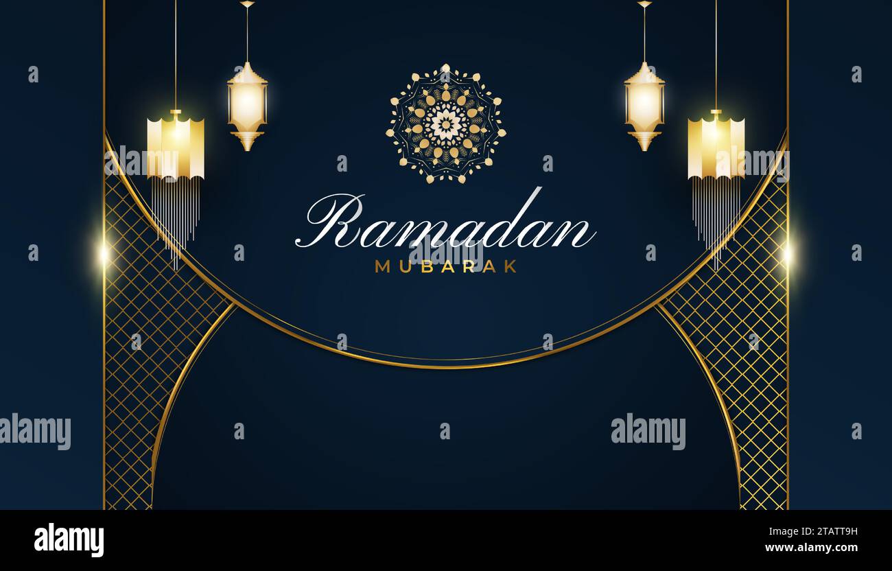 Luxueux fond de Ramadan Kareem avec lanternes arabes dorées et Mandala sur fond de papier bleu et or Illustration de Vecteur