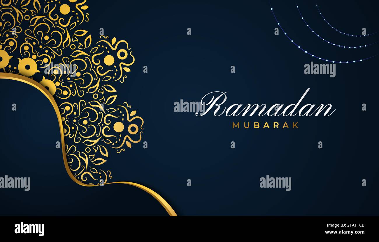 Ramadan Mubarak carte de voeux ou bannière avec Mandala doré sur fond bleu Illustration de Vecteur
