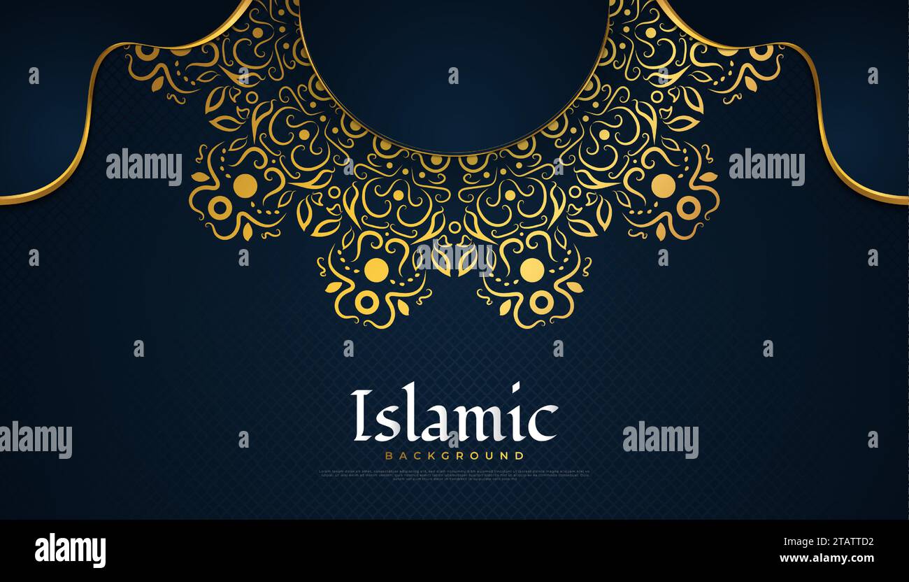 Fond islamique avec Mandala d'or sur papier bleu pour carte de voeux ou bannière Illustration de Vecteur