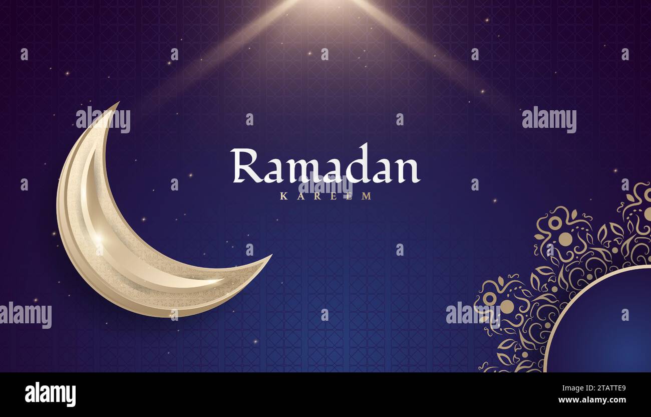 Ramadan Kareem carte de voeux ou bannière avec lune dorée, mandala et lumière brillante sur fond bleu Illustration de Vecteur