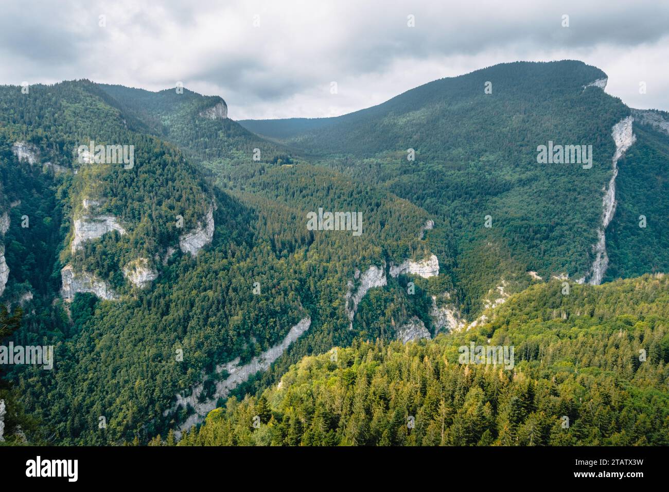 Vue sur les Alpes et les montagnes du Vercors depuis le sentier de randonnée du canyon de la Bourne dans les Alpes françaises (Isère) Banque D'Images