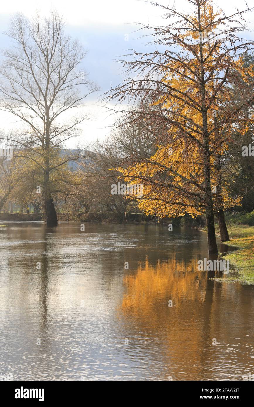 La Roque-Gageac, France. 2 décembre 2023. Après la sécheresse estivale, les pluies de novembre viennent d’élever le niveau des rivières françaises qui débordent souvent de leurs berges. Ici, la Dordogne, à la Roque-Gageac en Périgord Noir, est haute alors que pendant l'été son niveau était très bas. Le village de la Roque-Gageac est l'un des plus beaux villages de France. La Roque-Gageac, Périgord, Dordogne, France, Europe. Photo Hugo Martin/Alamy Live News. Banque D'Images