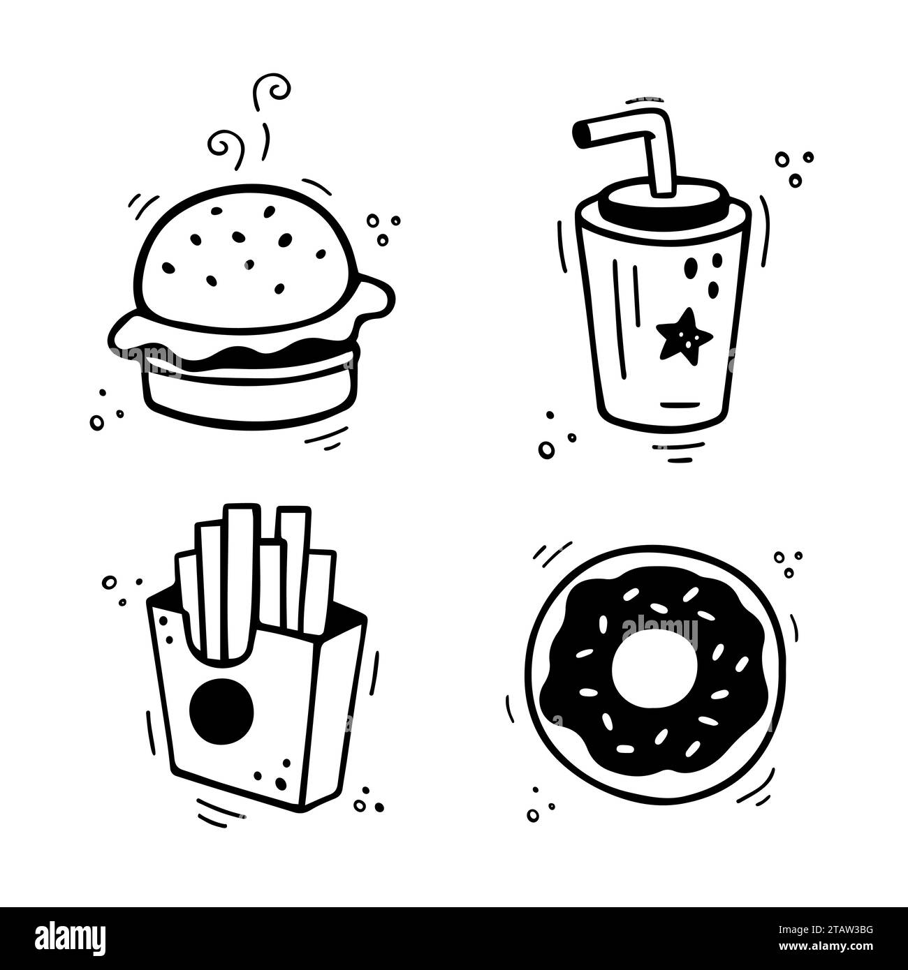 Ensemble d'icônes de restauration rapide - Burger, frites, tasse en papier avec boisson, tarte, beignet. Combinaison de fast-food tirée à la main. Style de croquis de doodle comique. Illustration vectorielle Illustration de Vecteur