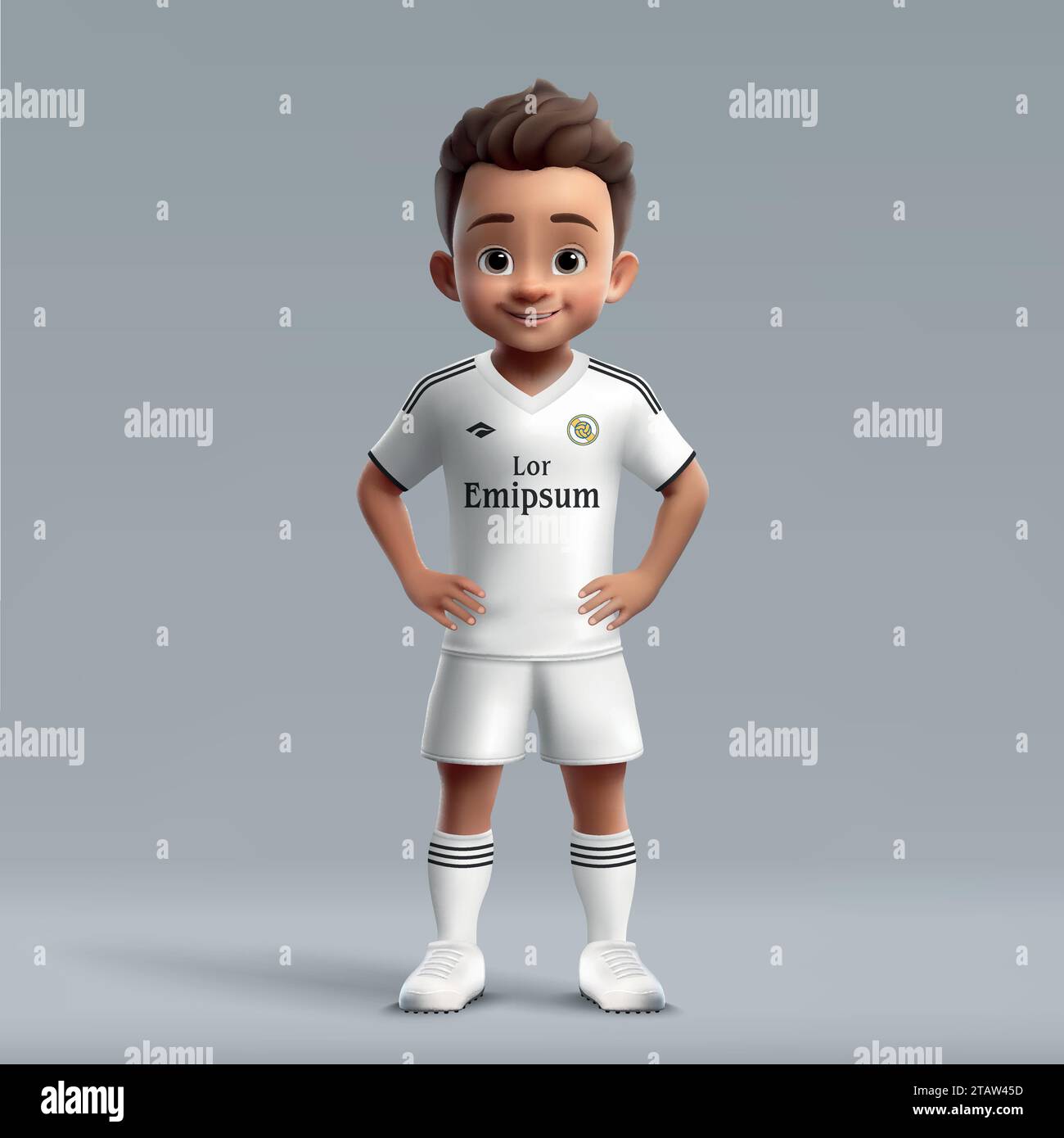 Dessin animé 3d mignon jeune joueur de football en uniforme de football Real Madrid. Maillot de l'équipe de football Illustration de Vecteur