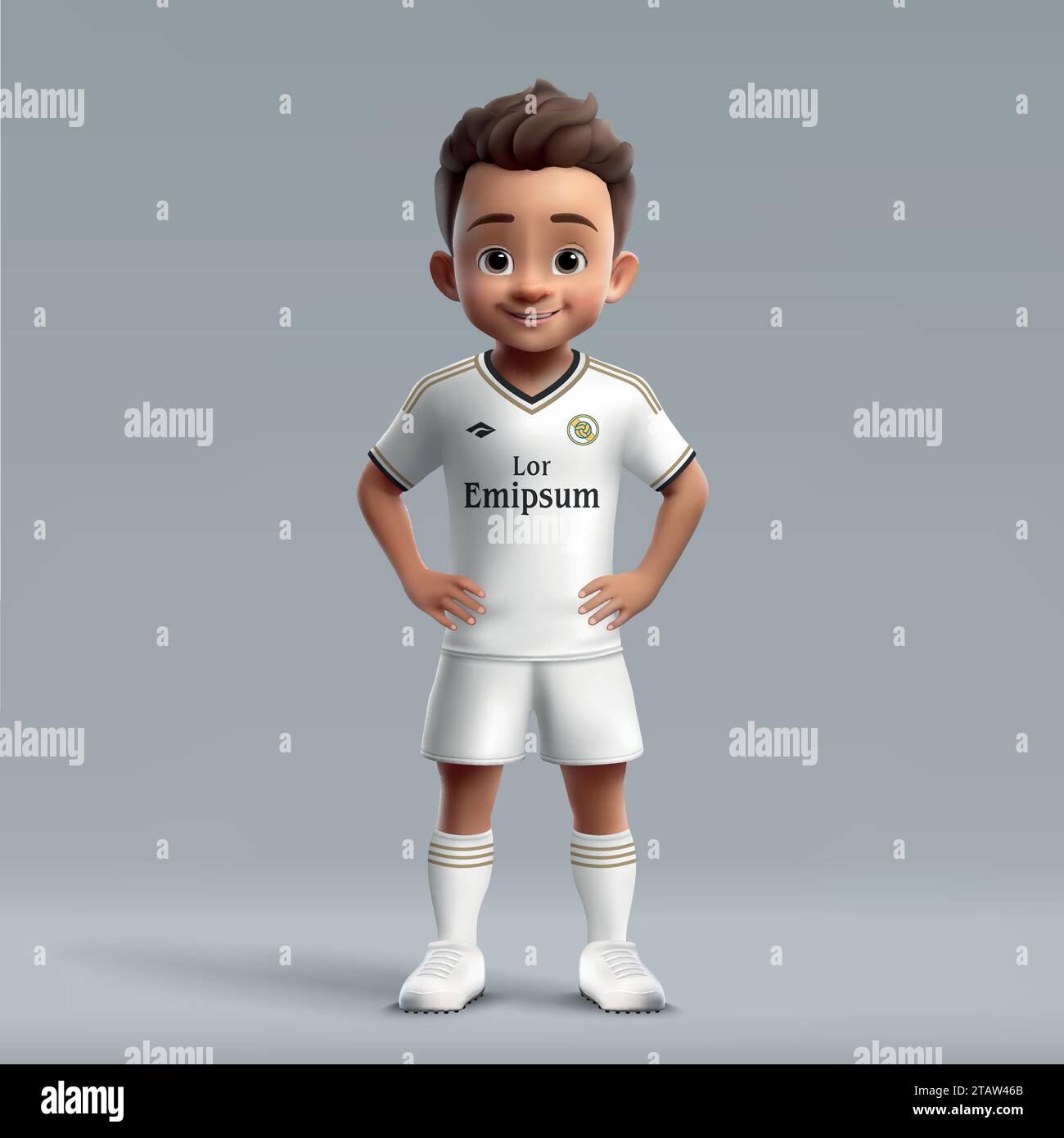 Dessin animé 3d mignon jeune joueur de football en uniforme de football Real Madrid. Maillot de l'équipe de football Illustration de Vecteur