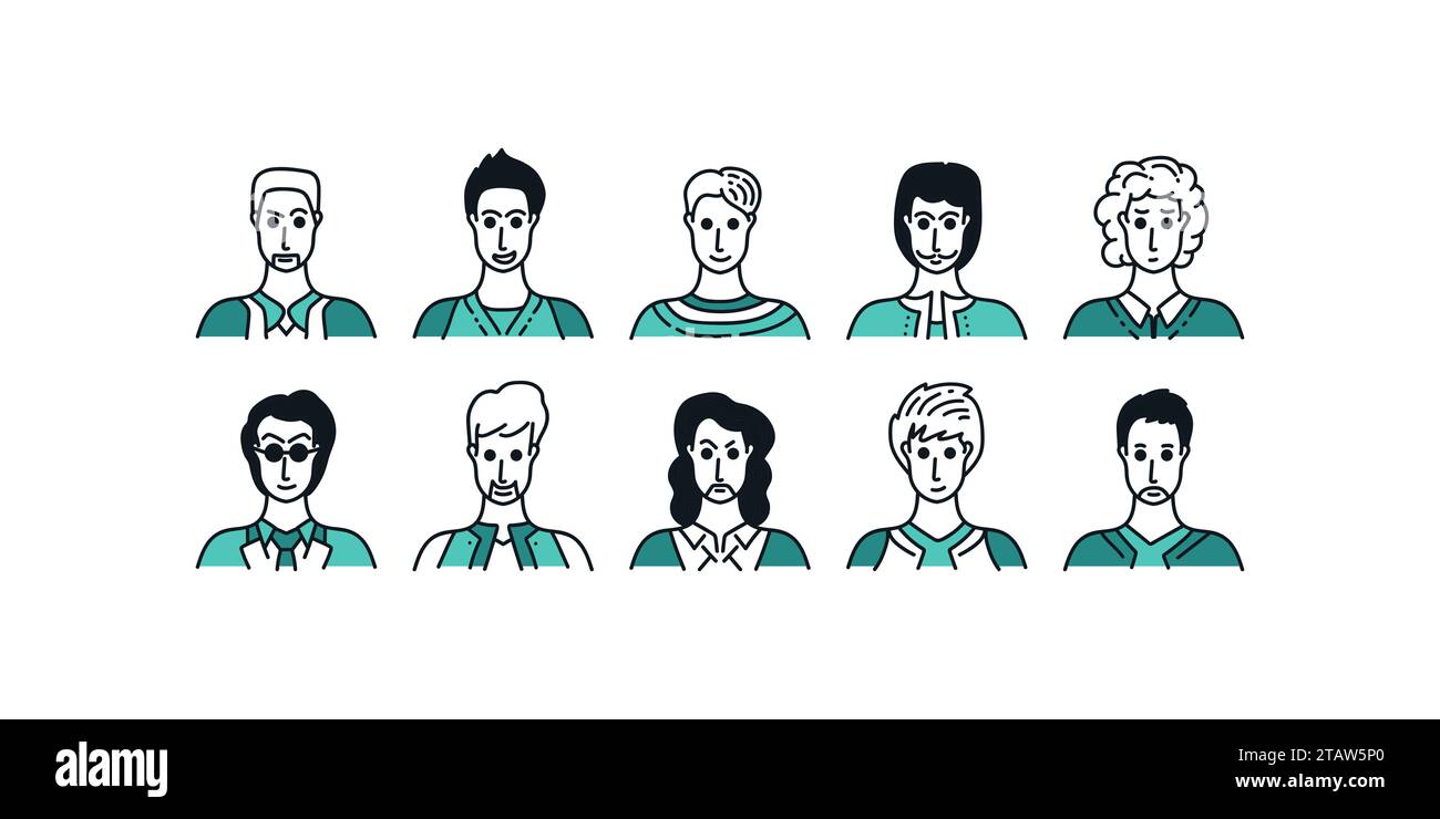 Ensemble d'avatars de personnes avec style de dessin animé minimal et expressions diverses. Collection de personnages masculins Illustration de Vecteur