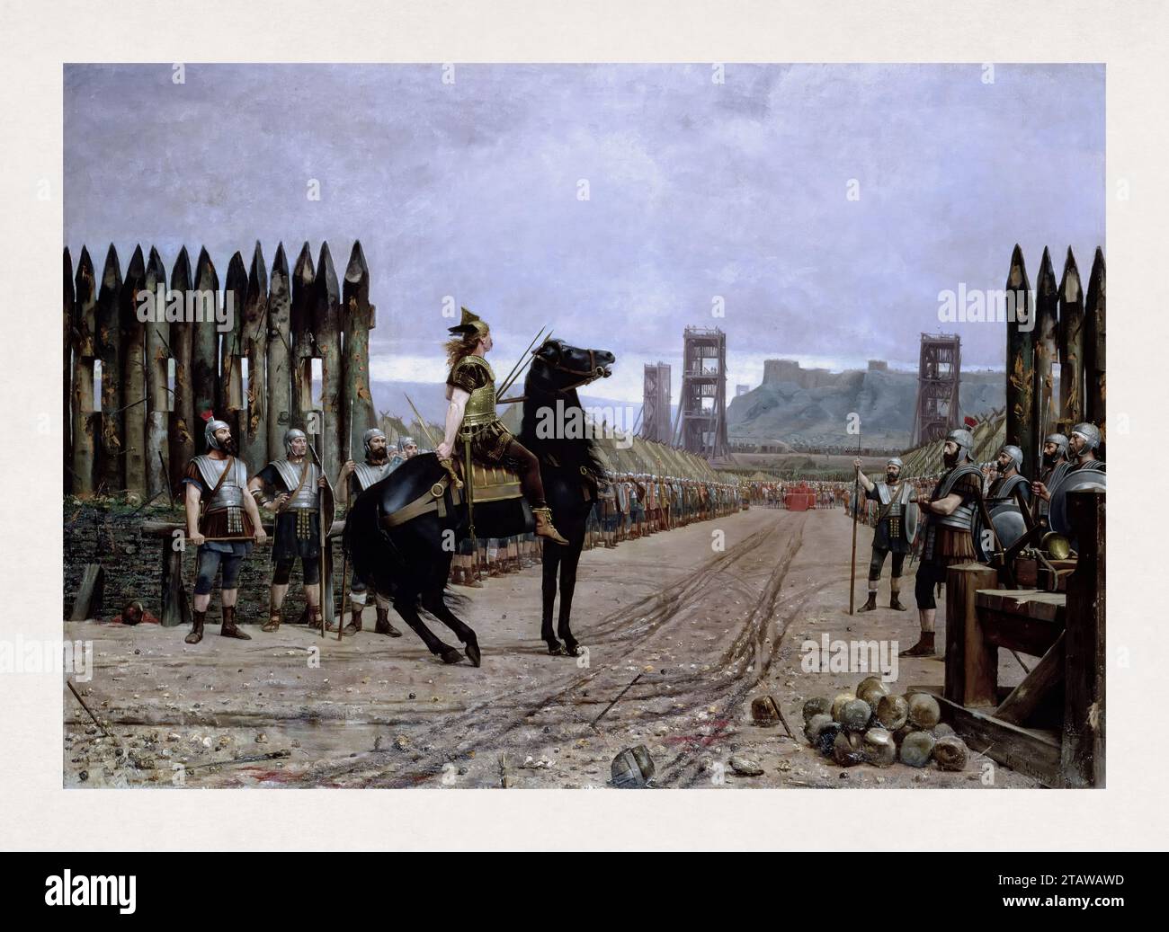 Peinture à l'huile représentant Vercingétorix se rendant à César après sa défaite à la bataille d'Alésia. Le tableau a été réalisé par Henri-Paul Motte en 188 Banque D'Images