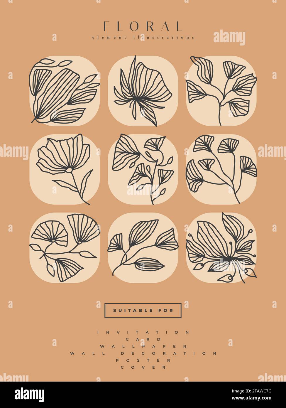 Collection d'illustrations de fleurs minimalistes dans le style Line Art, peut être utilisé pour l'impression, la décoration d'intérieur, l'affiche Wall Art, invitation, et autres Illustration de Vecteur