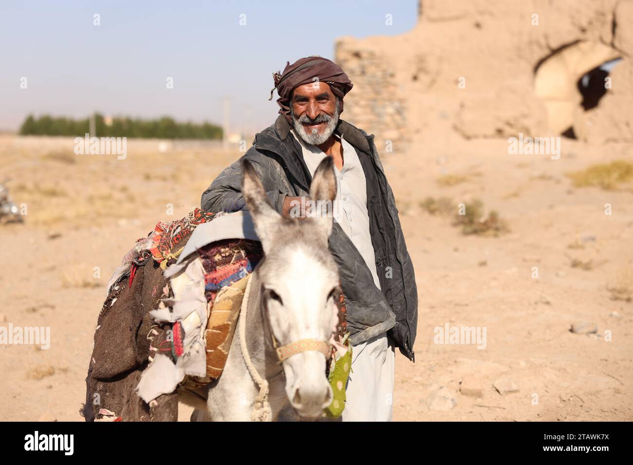 Un vieil homme chevauchant un âne blanc, jouant joyeusement avec lui, et appréciant le moment avec un sourire. Kaboul, Afghanistan Banque D'Images