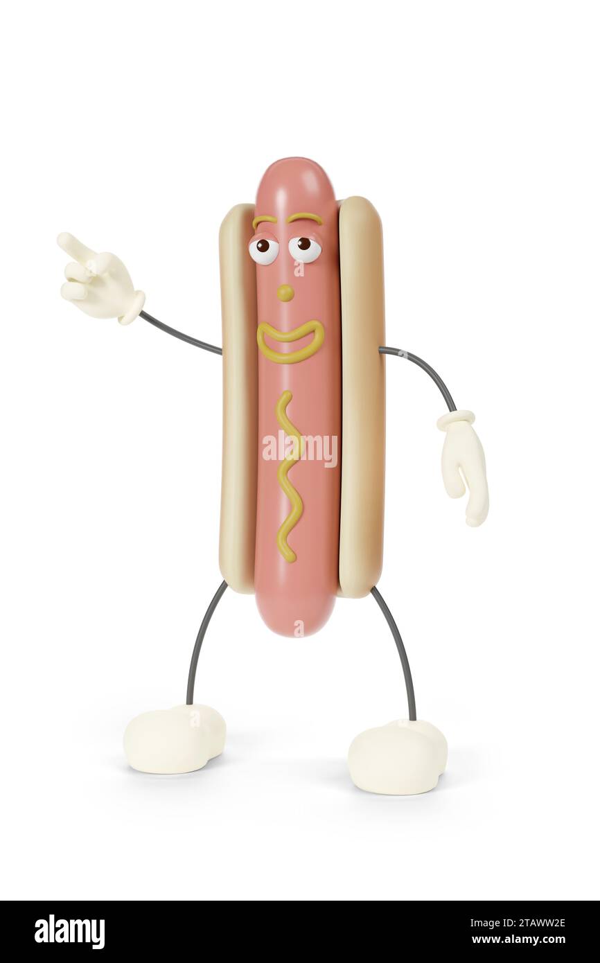 Personnage drôle de hot dog de dessin animé isolé sur fond blanc. illustration 3d. Banque D'Images
