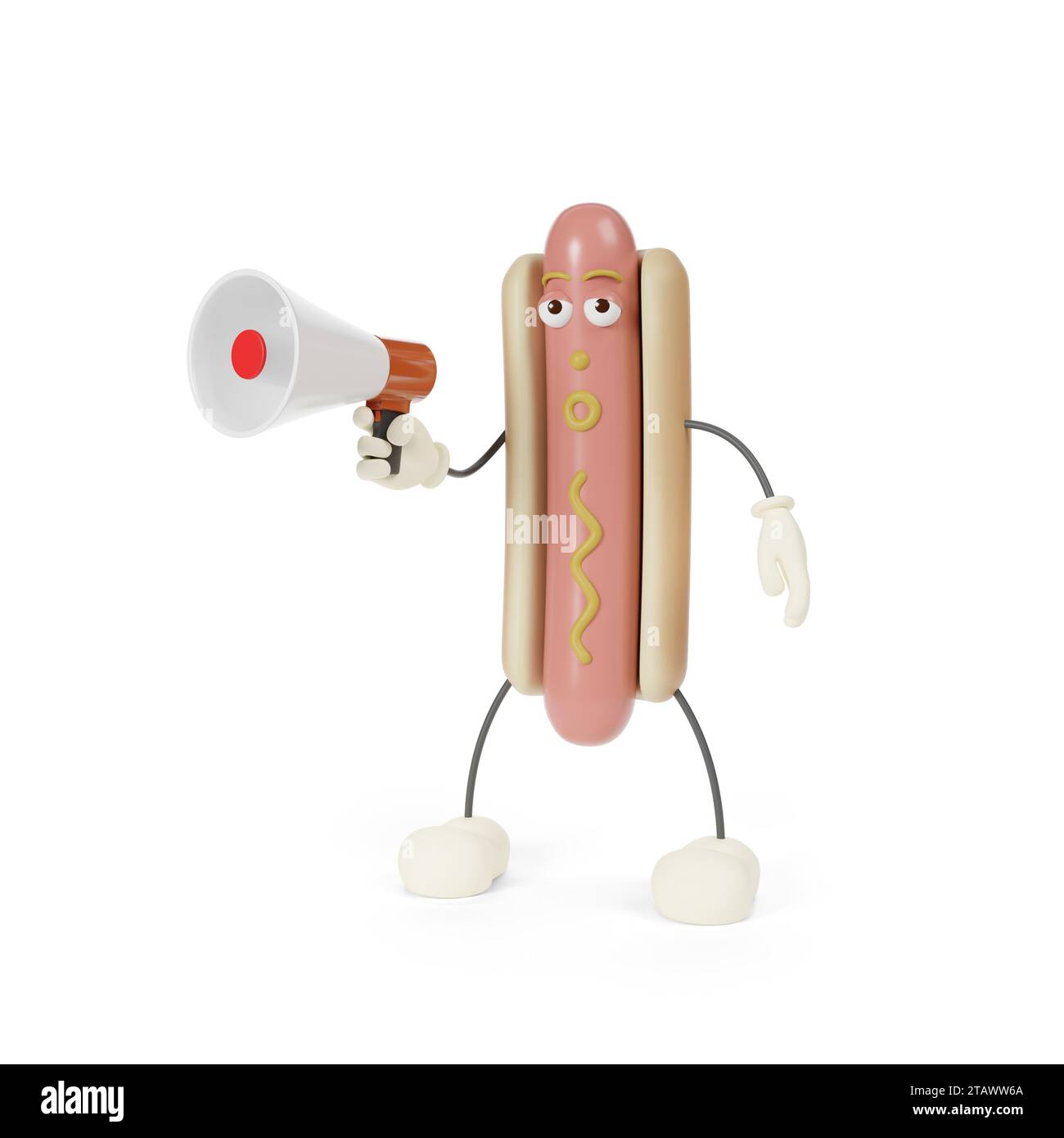 Personnage drôle de hot dog de dessin animé avec un mégaphone dans sa main. illustration 3d. Banque D'Images