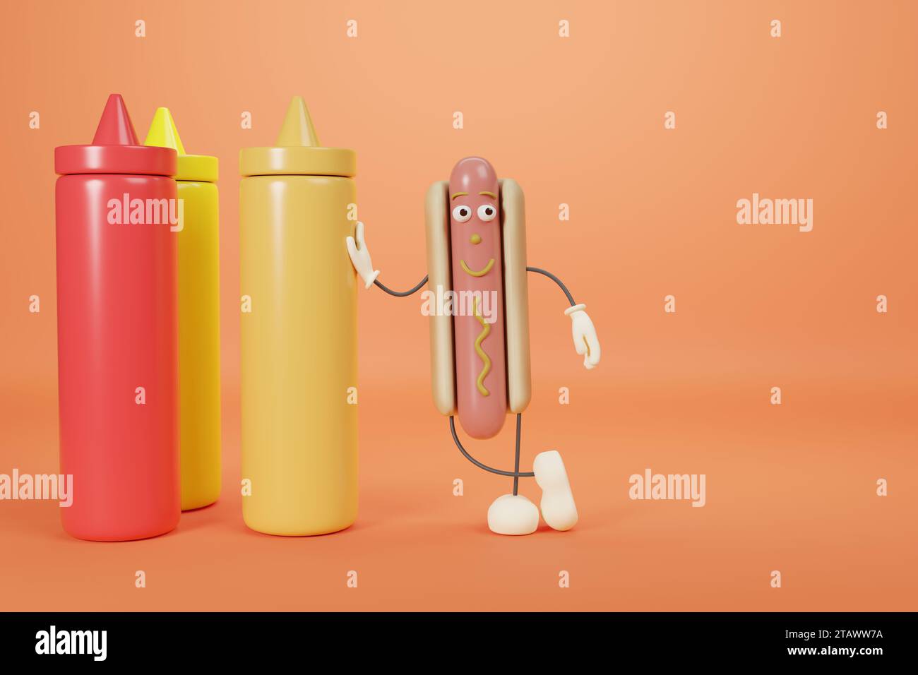 Personnage drôle de hot-dog de dessin animé appuyé sur un récipient de moutarde avec espace de copie. illustration 3d. Banque D'Images