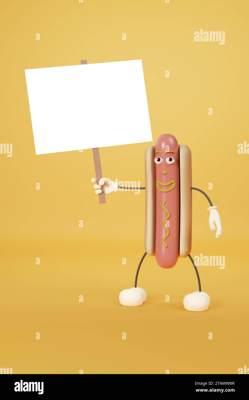 Personnage drôle de hot dog de dessin animé tenant un signe vide. illustration 3d. Banque D'Images