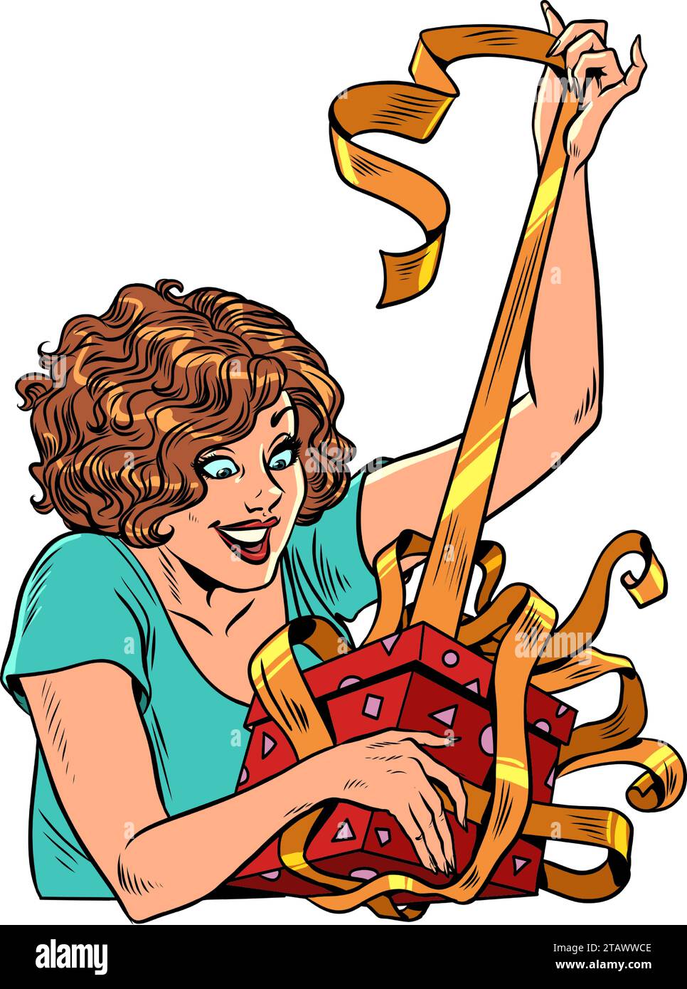 Célébrer des jours et des événements importants. Une femme ouvre une boîte cadeau. Un cadeau de Noël peut aussi être pour un anniversaire. Pop Art rétro Illustration vectorielle kitsch Illustration de Vecteur
