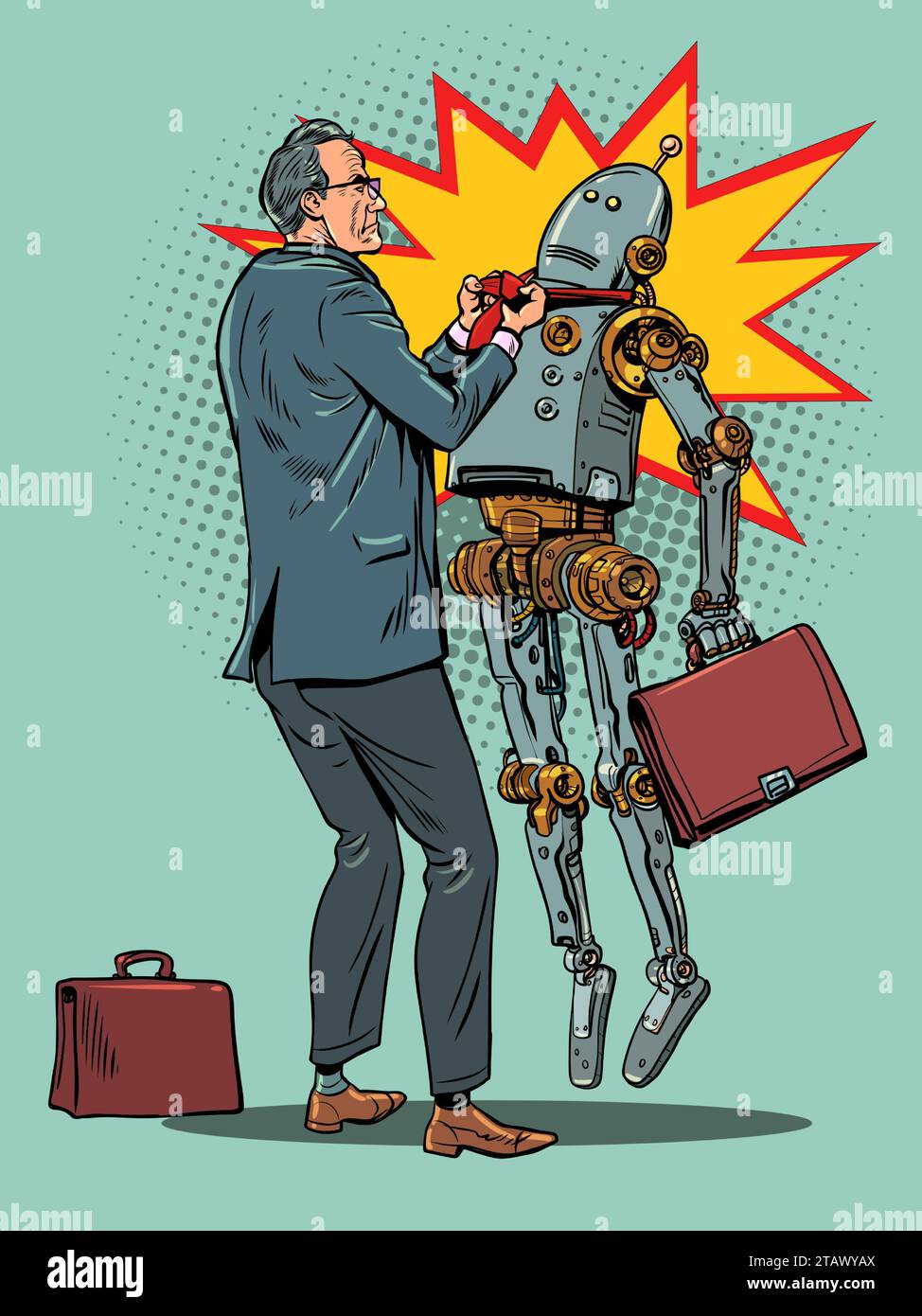 L'employé de bureau est insatisfait du travail du robot. Protester contre l'intelligence artificielle et la lutte contre elle. Le problème avec techn Illustration de Vecteur