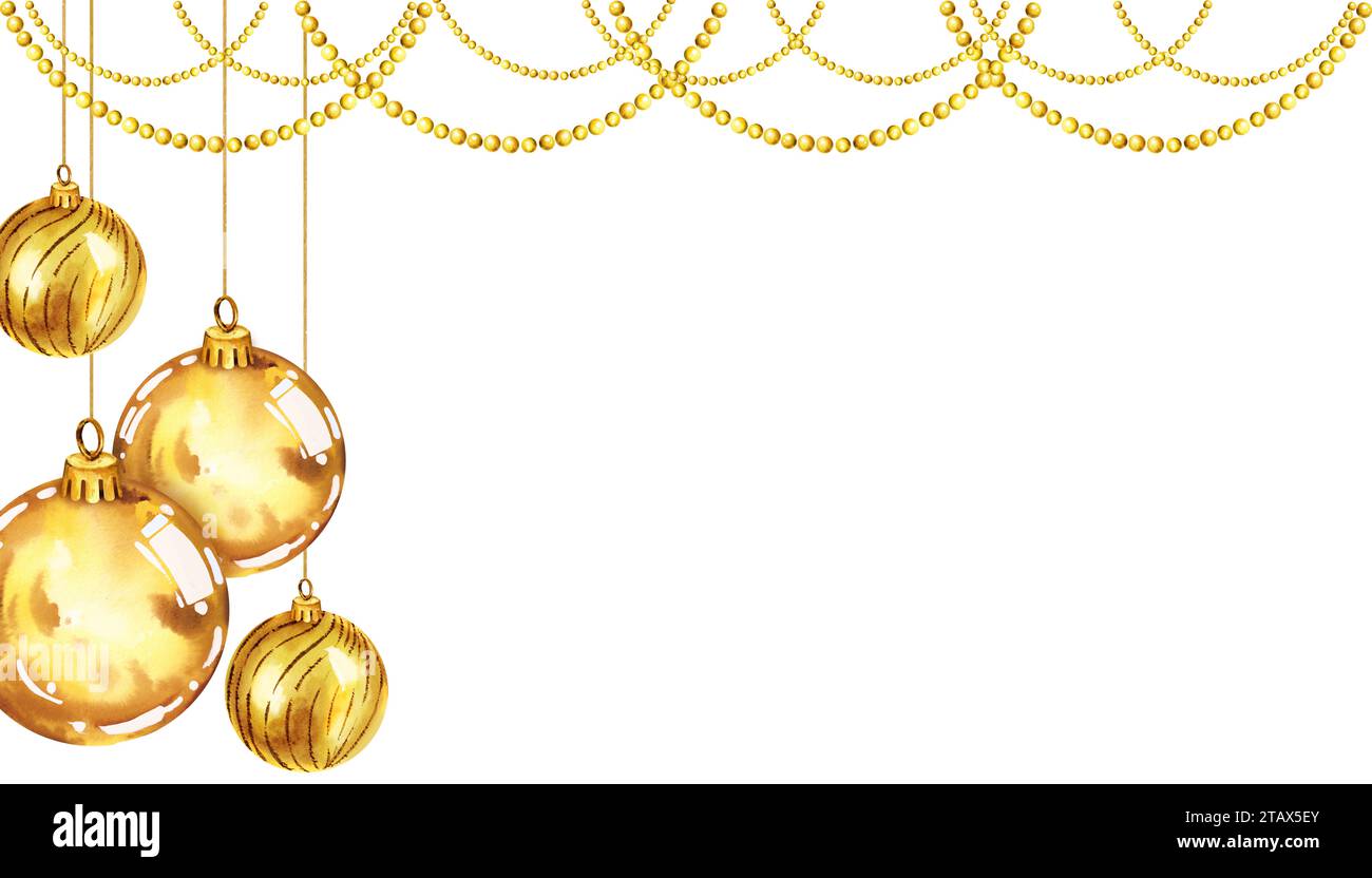 Illustration à l'aquarelle de jouets d'arbre de Noël avec des boules d'or brillantes, guirlandes de perles de paillettes d'or, cadre avec décoration de Noël isolé sur whit Banque D'Images
