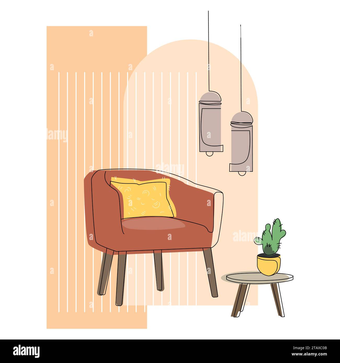Dessin de ligne de design d'intérieur minimaliste.fragment d'un intérieur à la mode avec un fauteuil élégant et des lustres suspendus et une touche de meubles sur Illustration de Vecteur