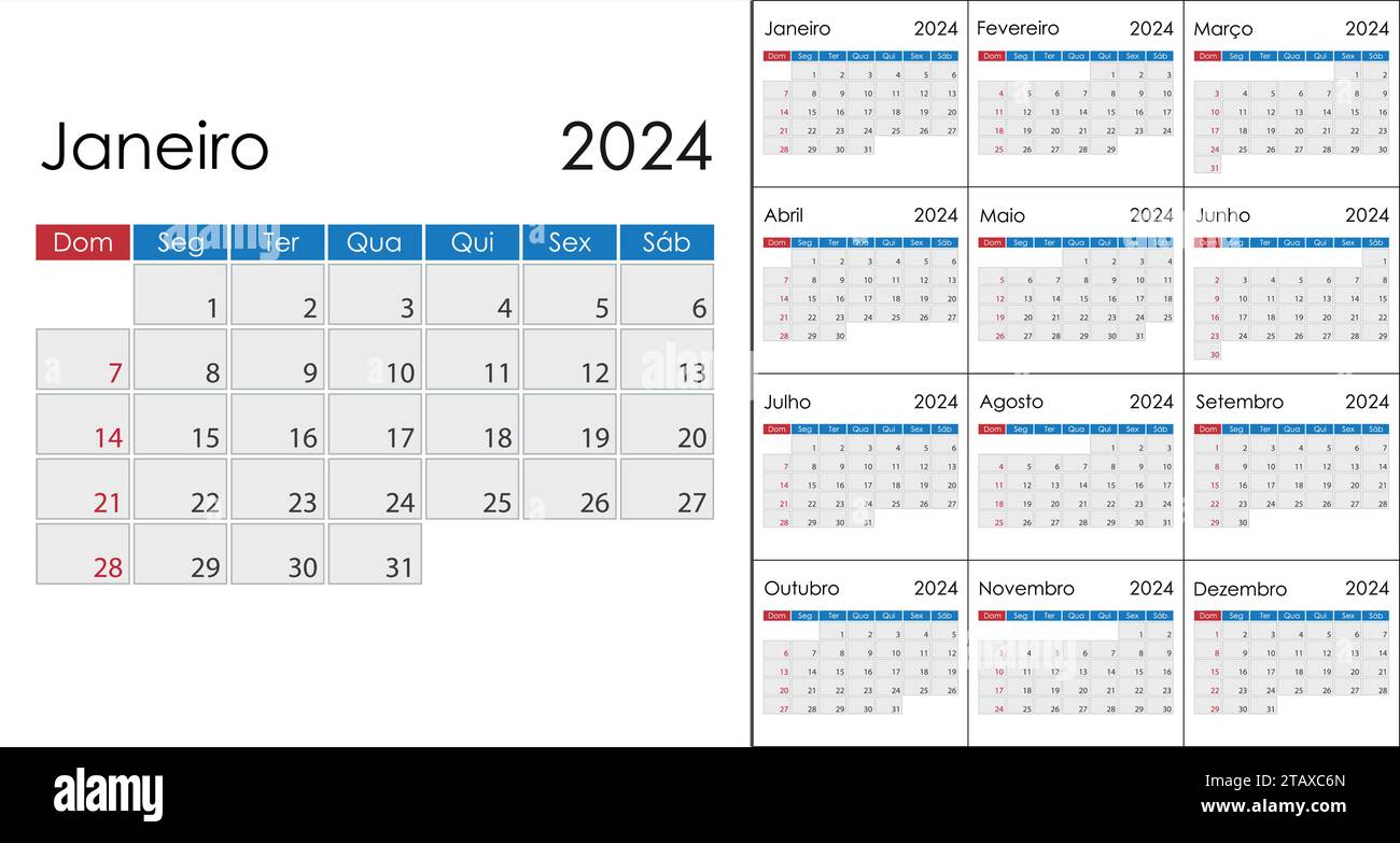 Calendrier 2024 sur la langue portugaise, la semaine commence le dimanche. Modèle vectoriel Illustration de Vecteur