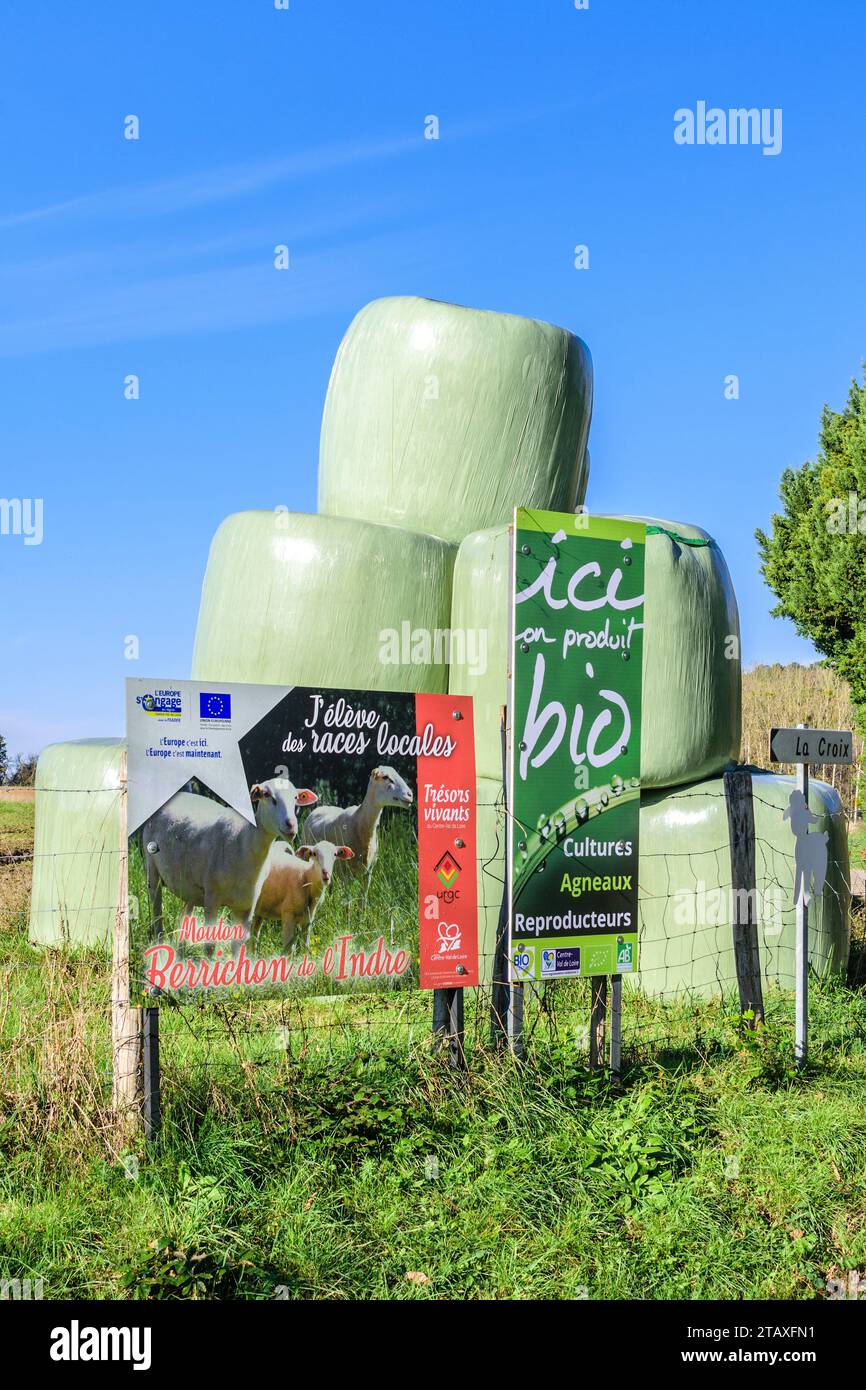 Signalétique pour les produits biologiques de l'élevage ovin - Bossay-sur-Claise, Indre-et-Loire (37), France. Banque D'Images