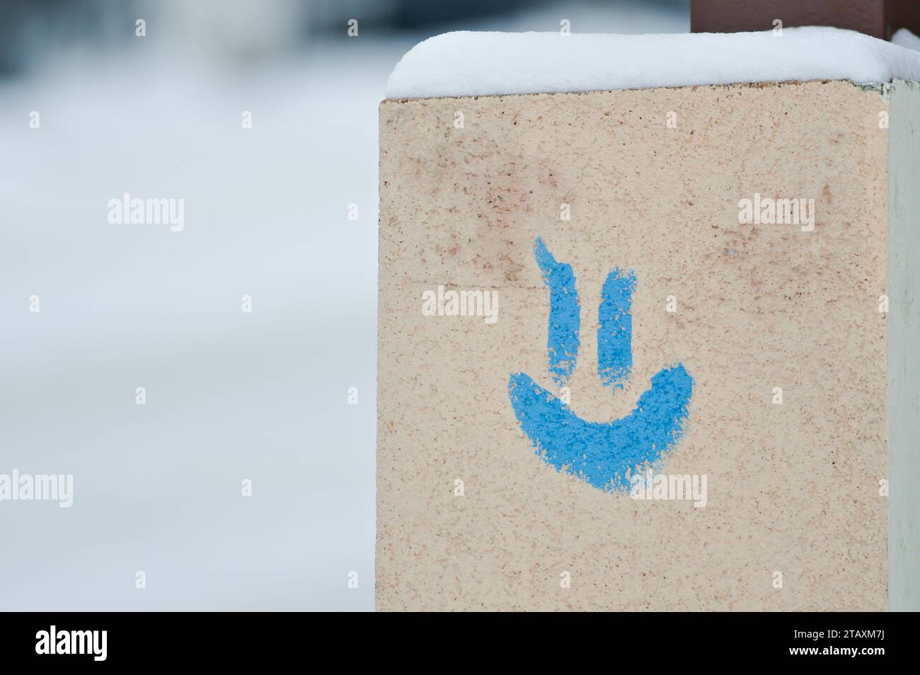 Émotion positive et concept souriant. Émoji souriant bleu sur le bâtiment face et fond bleu. Espace de copie négatif pour le placement du texte. Banque D'Images