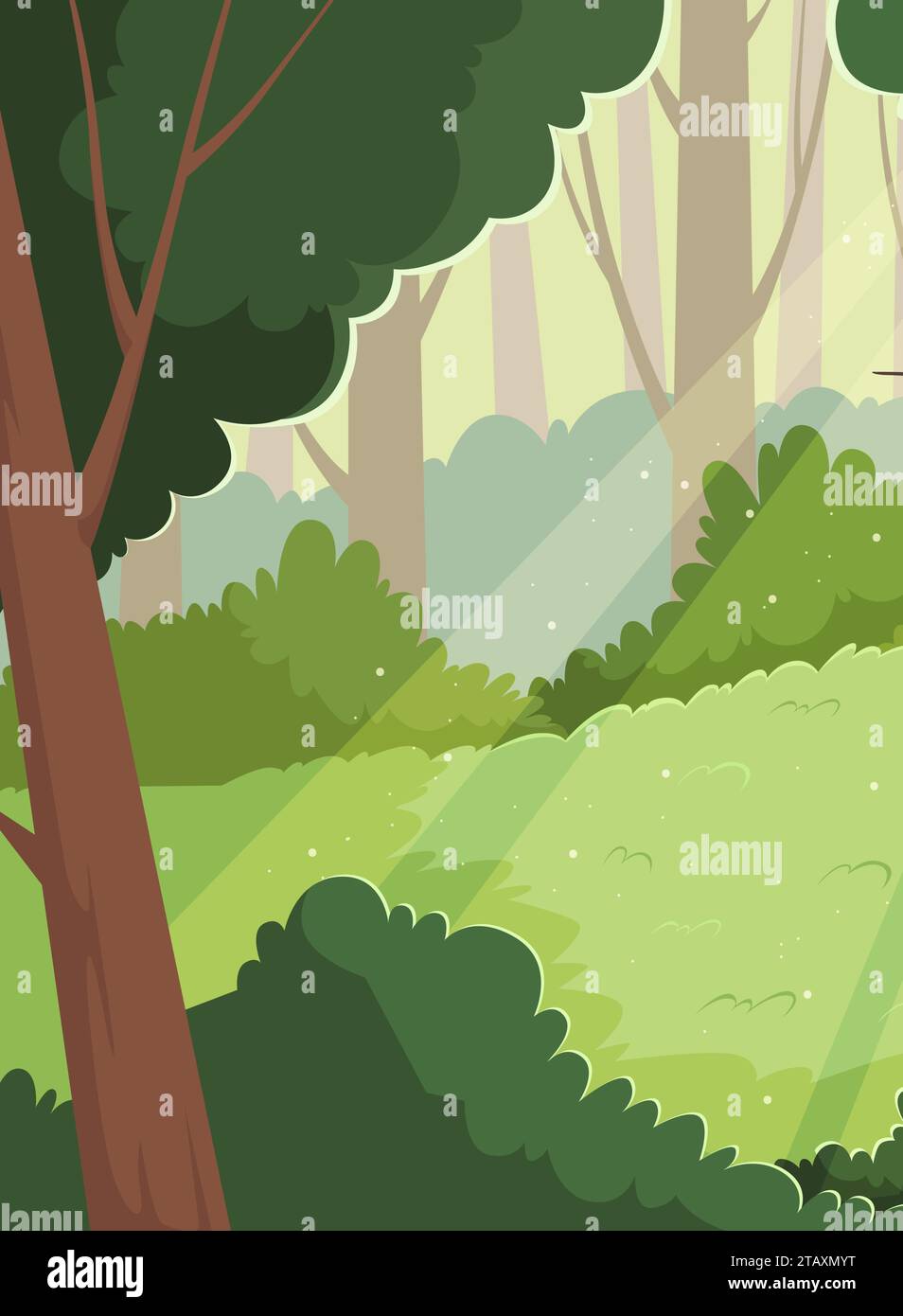 Lumière du soleil dans la forêt. Sunshine Morning parmi les arbres luxuriants dessin animé fond bois lumière du jour enchanté illustration vectorielle de la nature Illustration de Vecteur