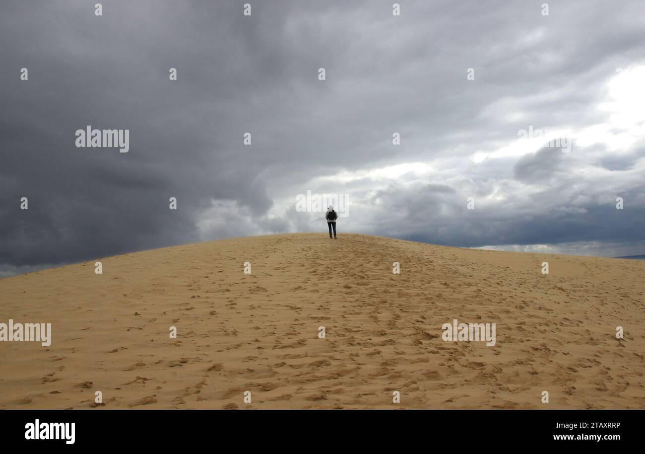 Sous un ciel orageux en fin d'après-midi d'avril, un marcheur grimpe la Dune du Pilat (Landes de Gascogne - France) Banque D'Images
