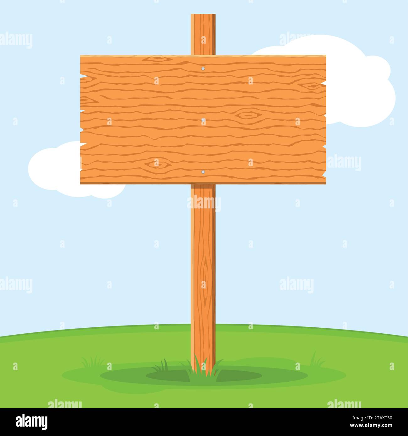 Panneau en bois dans l'herbe isolé sur fond de ciel d'herbe. Panneau de signalisation et symboles pour communiquer un message sur la rue ou la route, emblèmes de signalisation. Illustration de Vecteur