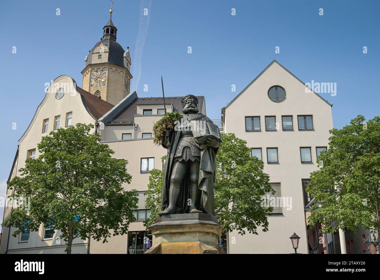 Hanfried, Bronzestandbild Universitätsgründer und Kurfürst, Johann Friedrich der Großmütige, Markt, Jena, Thüringen, Allemagne Banque D'Images