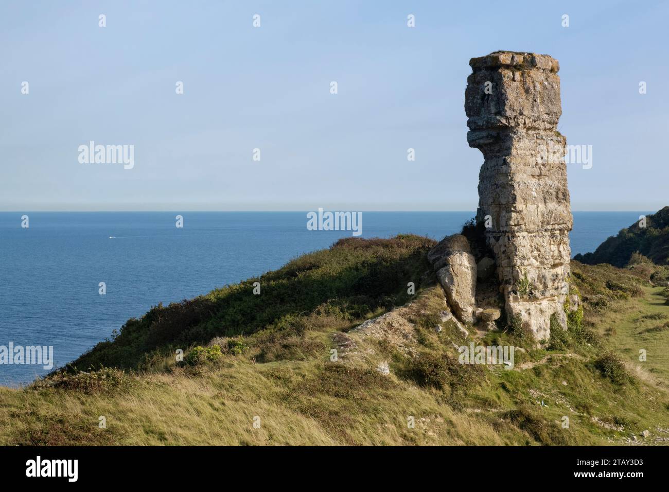 Nicodemus Knob, un pilier rocheux de 10 m de haut provenant de la carrière de Portland Stone aux Amiralty Quarries, Grove, île de Portland, Dorset, Royaume-Uni, octobre Banque D'Images